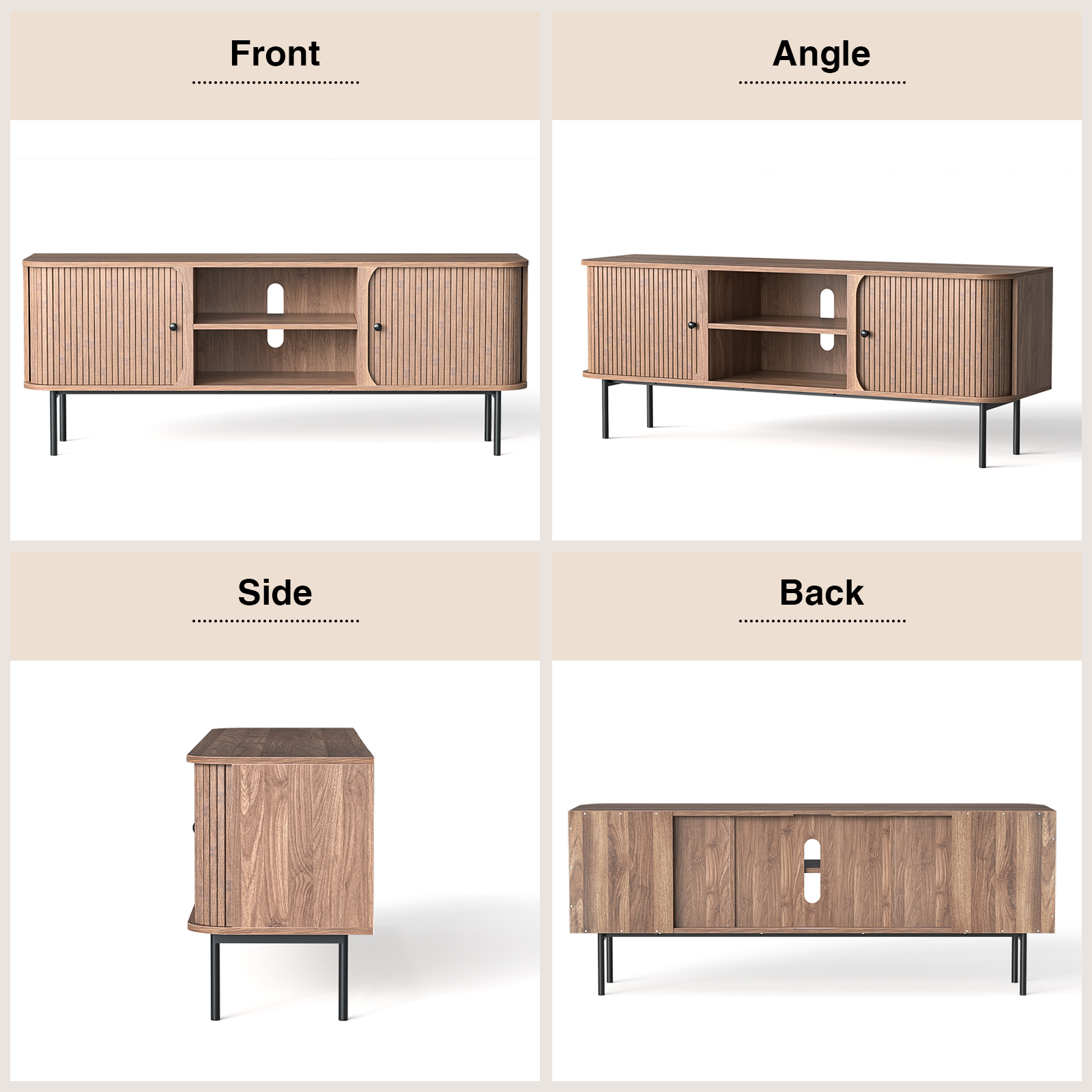 Anmytek 59 Inch TV Stand with Fluted Doors, Mid-Century Modern Media Console for TVs up to 65 Inch, Walnut Finish Entertainment Center with Open & Closed Storage, Cable Management & Metal Legs for Living Room