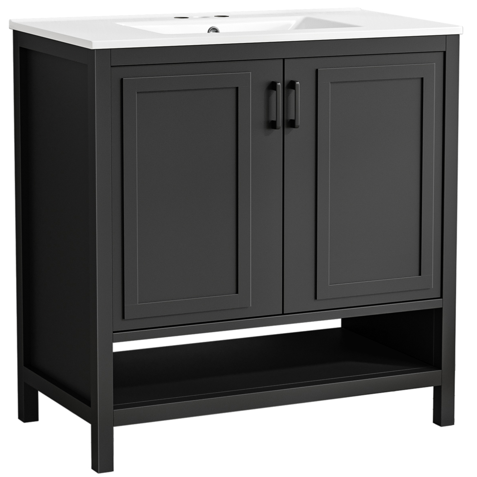 Anmytek 36 Inch Freestanding Bathroom Vanity with Ceramic Sink Combo, Modern Bathroom Storage Cabinet with 2 Doors & Open Bottom Shelf, Soft Close Hinges Bath Vanity Set, Black
