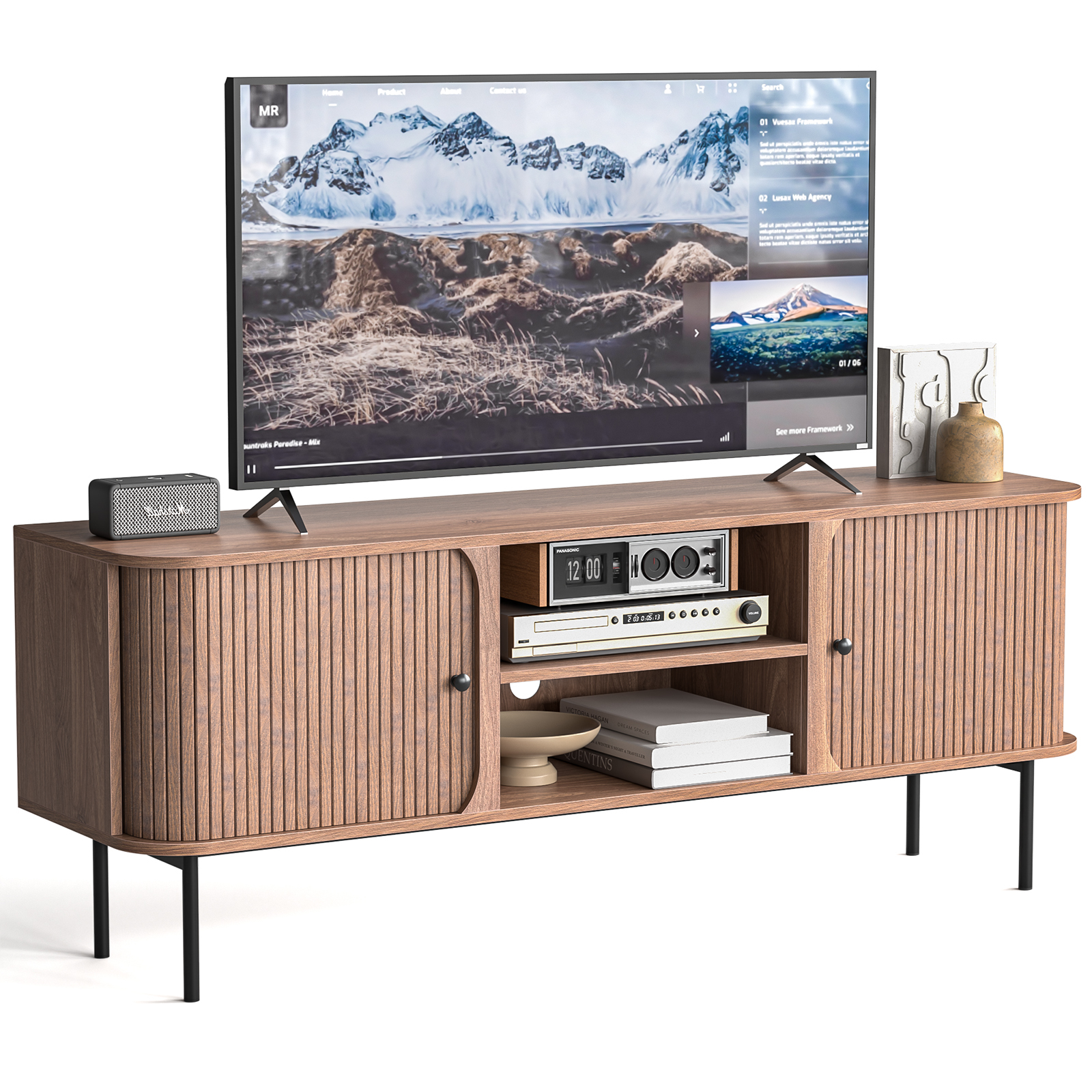 Anmytek 59 Inch TV Stand with Fluted Doors, Mid-Century Modern Media Console for TVs up to 65 Inch, Walnut Finish Entertainment Center with Open & Closed Storage, Cable Management & Metal Legs for Living Room