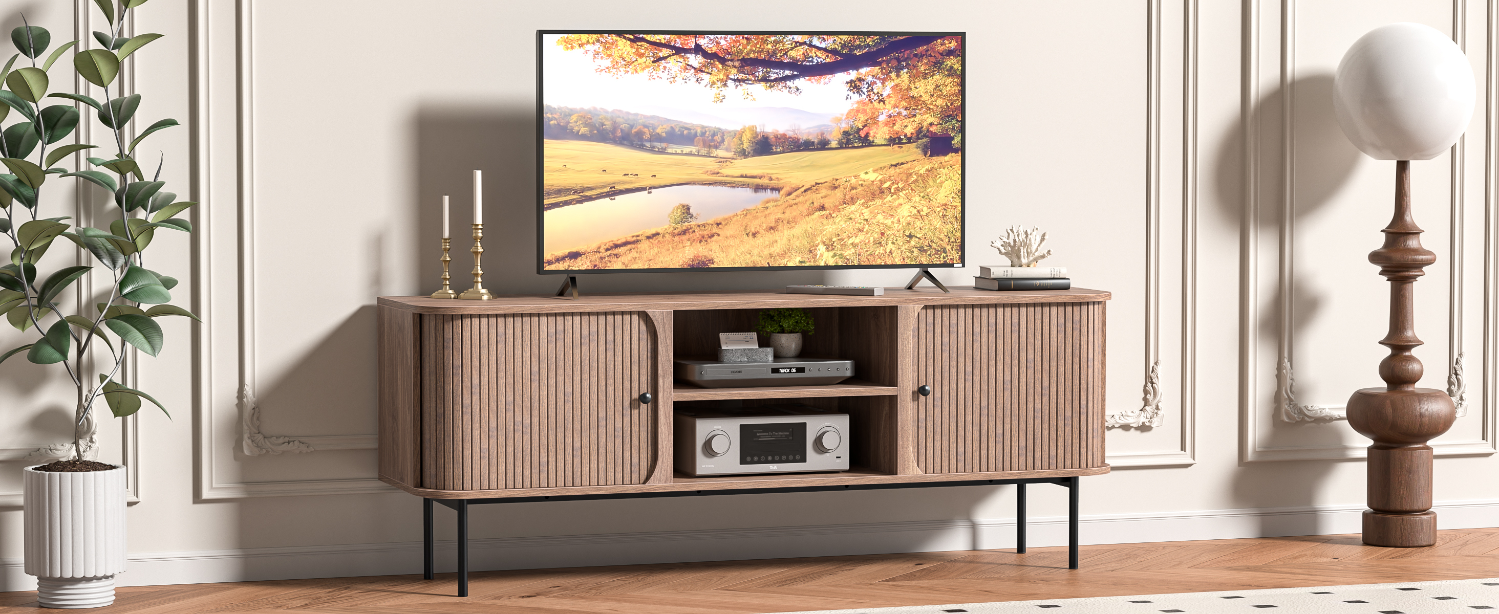 Anmytek 59 Inch TV Stand with Fluted Doors, Mid-Century Modern Media Console for TVs up to 65 Inch, Walnut Finish Entertainment Center with Open & Closed Storage, Cable Management & Metal Legs for Living Room