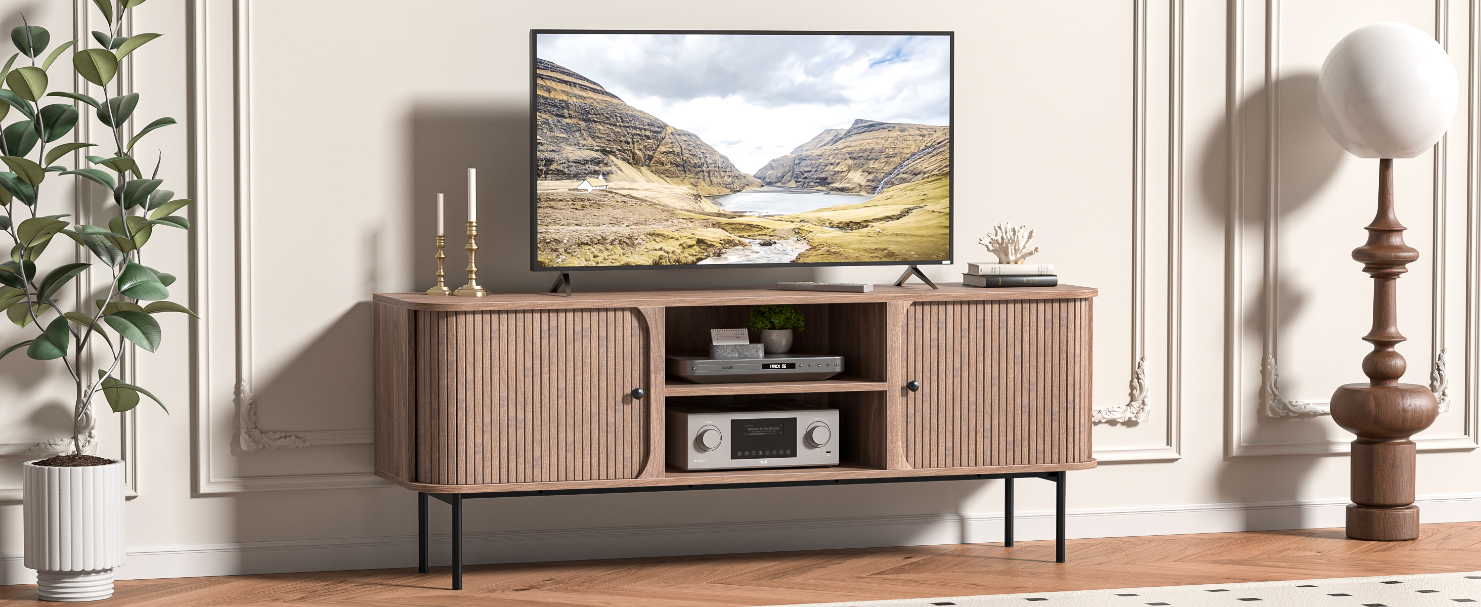 Anmytek 59 Inch TV Stand with Fluted Doors, Mid-Century Modern Media Console for TVs up to 65 Inch, Walnut Finish Entertainment Center with Open & Closed Storage, Cable Management & Metal Legs for Living Room
