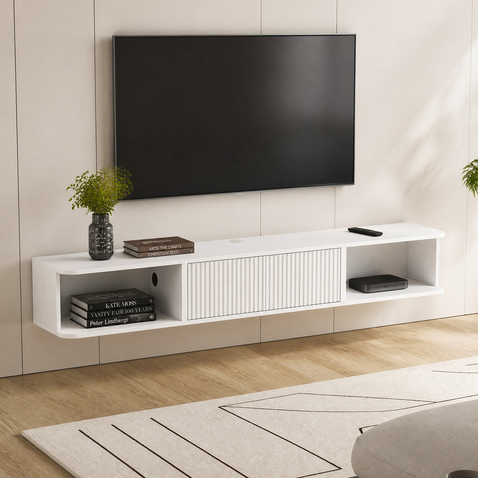 Anmytek 70 Inch White Floating TV Stand, Wall Mounted Entertainment Center with Fluted Doors & Open Storage, Floating TV Console Media Cabinet with Cable Management for Living Room Bedroom, White