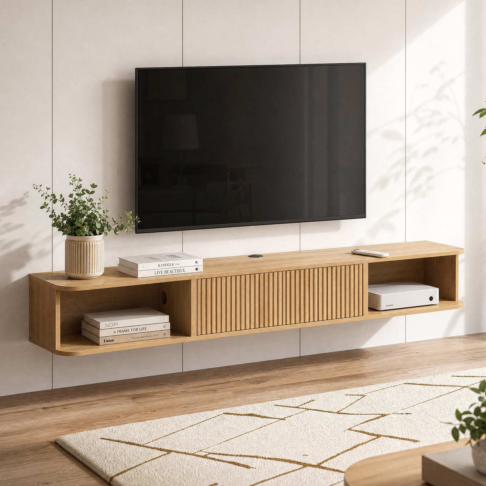 Anmytek 70 Inch Floating TV Stand, Wall Mounted Entertainment Center with Fluted Doors & Open Storage, Modern Floating TV Console Media Cabinet with Cable Management for Living Room Bedroom, Natural Oak