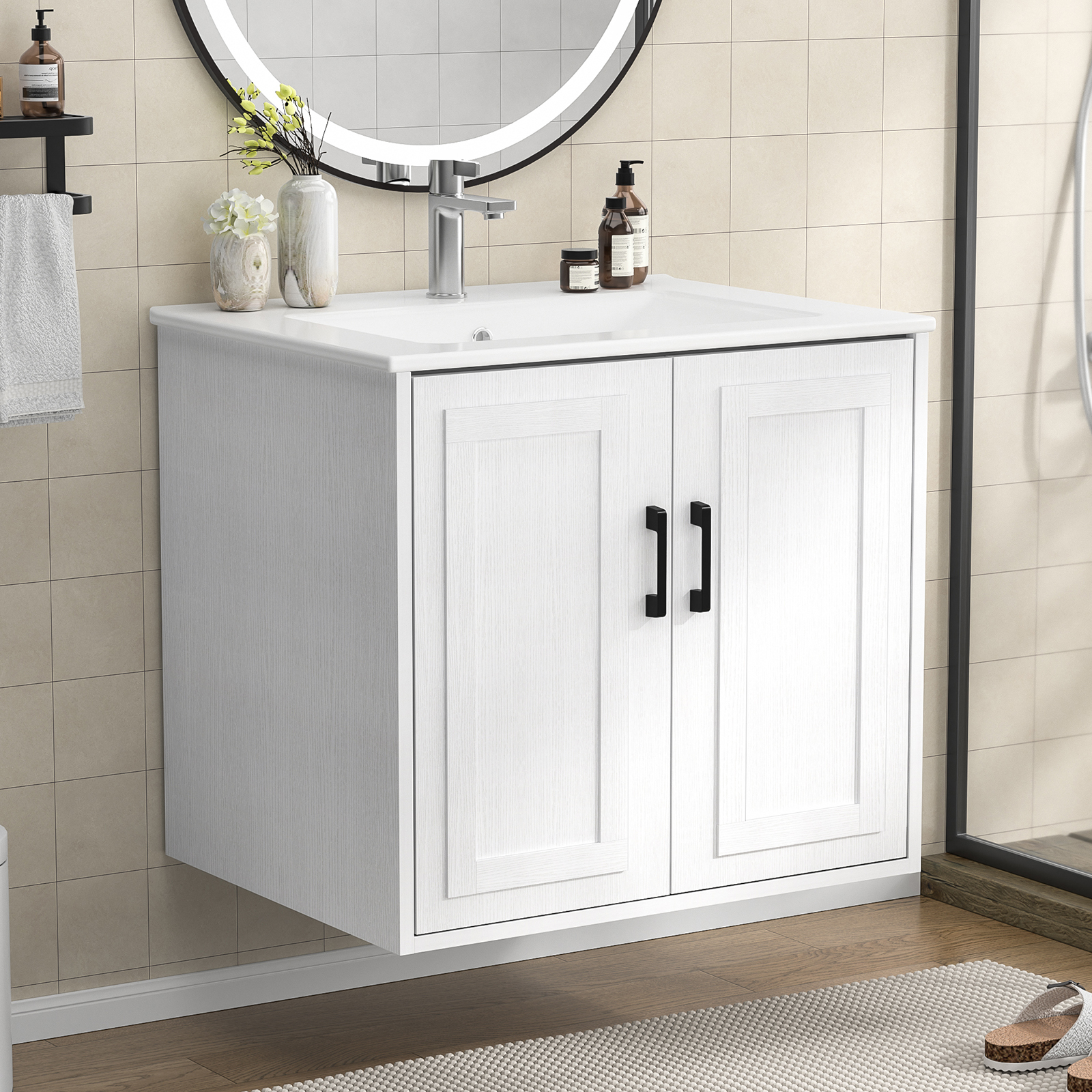 Anmytek 24 Inch Wall Mounted Bathroom Vanity with Ceramic Sink Combo, Modern Floating Bathroom Storage Cabinet with 2 Doors & Soft Close Hinges, Space Saving Small Bath Vanity Set, White