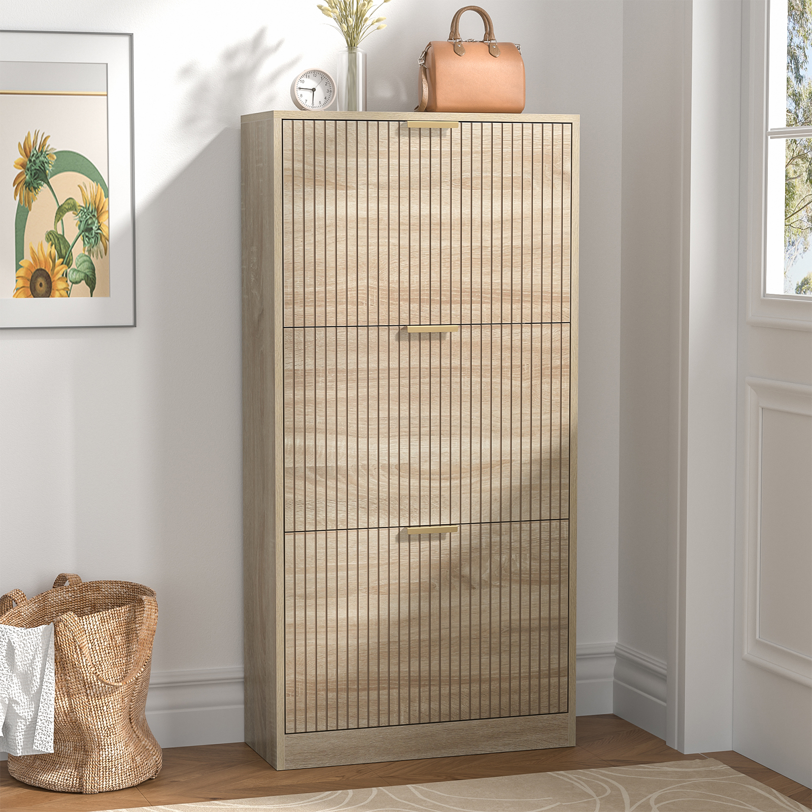 Anmytek Modern Fluted Shoe Storage Cabinet, 48 Inch Tall Slim Flip Drawer Shoe Cabinet, 9.3" Deep Narrow Shoe Organizer with 3 Fold-Out Drawers & Gold Handles for Entryway Hallway, Natural Oak