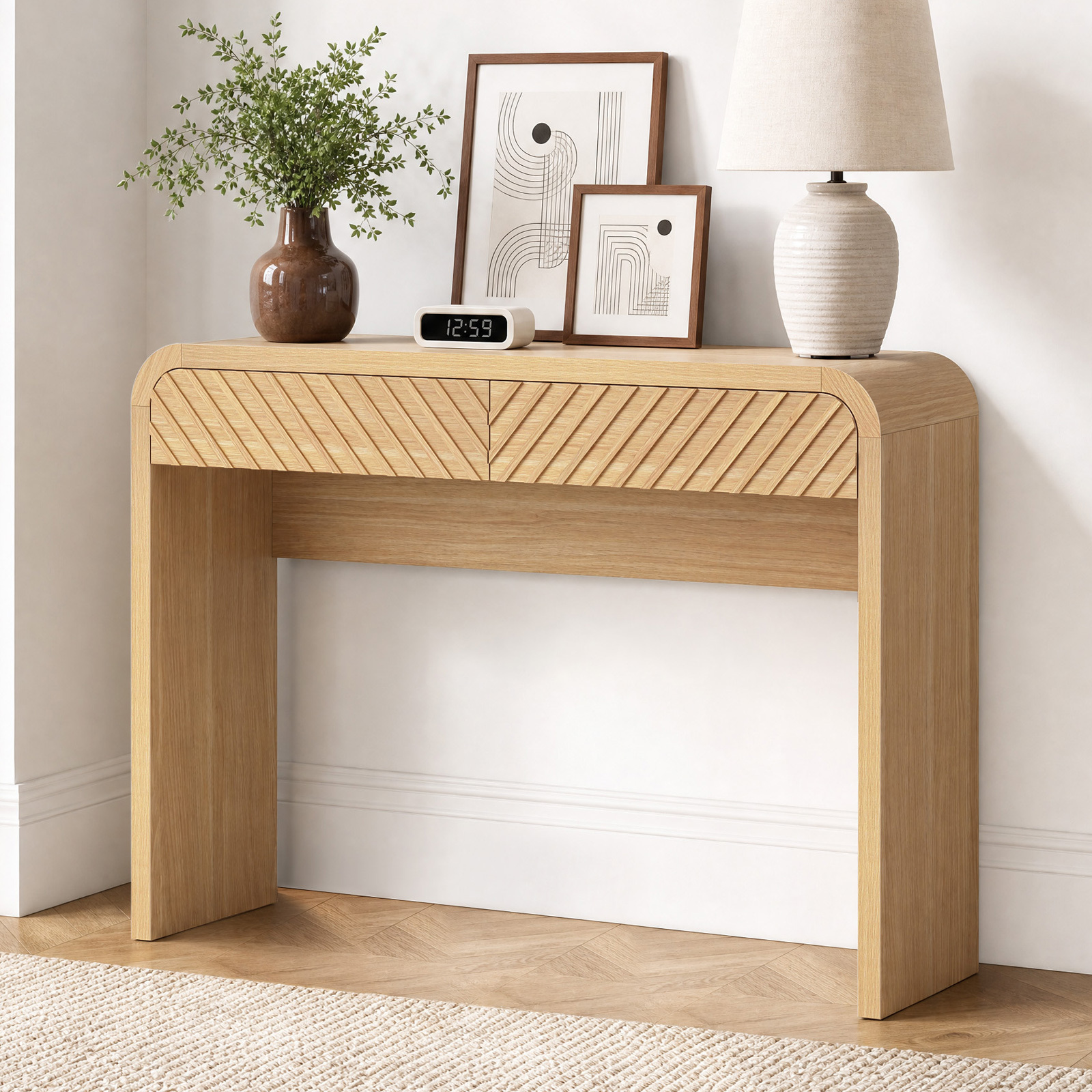 Anmytek 43 Inch Console Table with 2 Drawers, Modern Chevron Curved Entryway Table, Slim Sofa Side Table with Rounded Edges, Narrow Wooden Hallway Table Vanity Desk for Living Room, Natural Oak