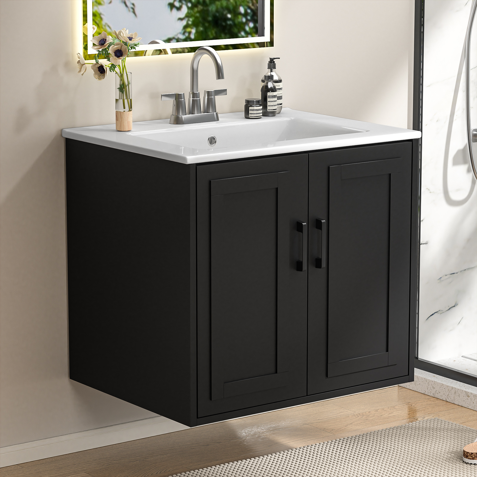 Anmytek 24 Inch Wall Mounted Bathroom Vanity with Ceramic Sink Combo, Modern Floating Bathroom Storage Cabinet with 2 Doors & Soft Close Hinges, Space Saving Small Bath Vanity Set, Black