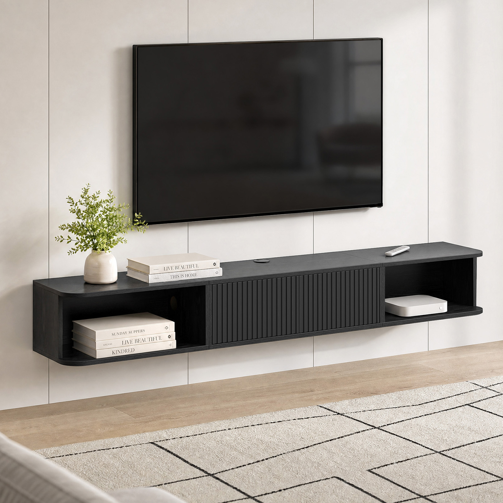 Anmytek 70 Inch Floating TV Stand, Wall Mounted Entertainment Center with Fluted Doors & Open Storage, Floating TV Console Media Cabinet with Cable Hole for Living Room Bedroom, Black