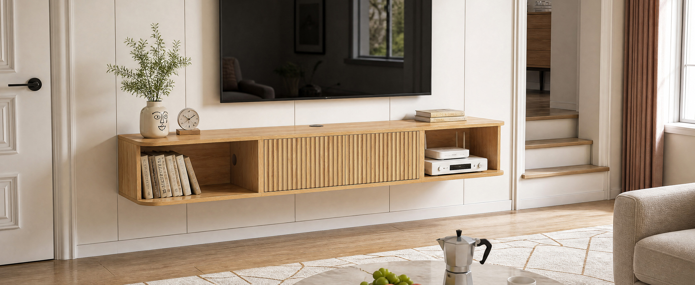 Anmytek 70 Inch Floating TV Stand, Wall Mounted Entertainment Center with Fluted Doors & Open Storage, Modern Floating TV Console Media Cabinet with Cable Management for Living Room Bedroom, Natural Oak