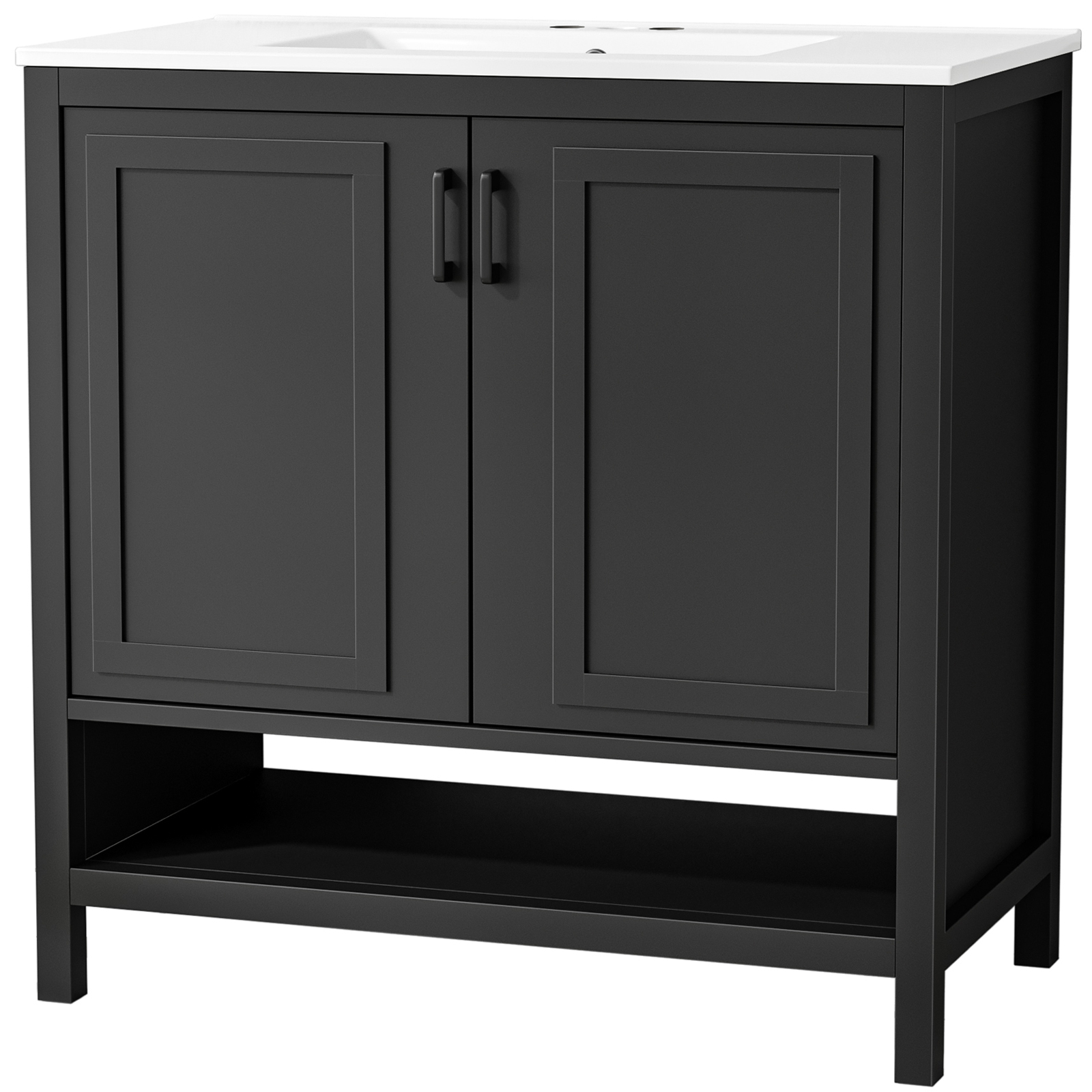 Anmytek 36 Inch Freestanding Bathroom Vanity with Ceramic Sink Combo, Modern Bathroom Storage Cabinet with 2 Doors & Open Bottom Shelf, Soft Close Hinges Bath Vanity Set, Black