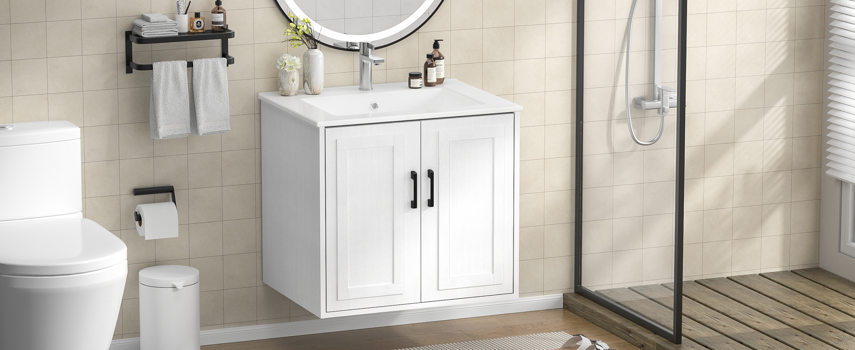 Anmytek 24 Inch Wall Mounted Bathroom Vanity with Ceramic Sink Combo, Modern Floating Bathroom Storage Cabinet with 2 Doors & Soft Close Hinges, Space Saving Small Bath Vanity Set, White