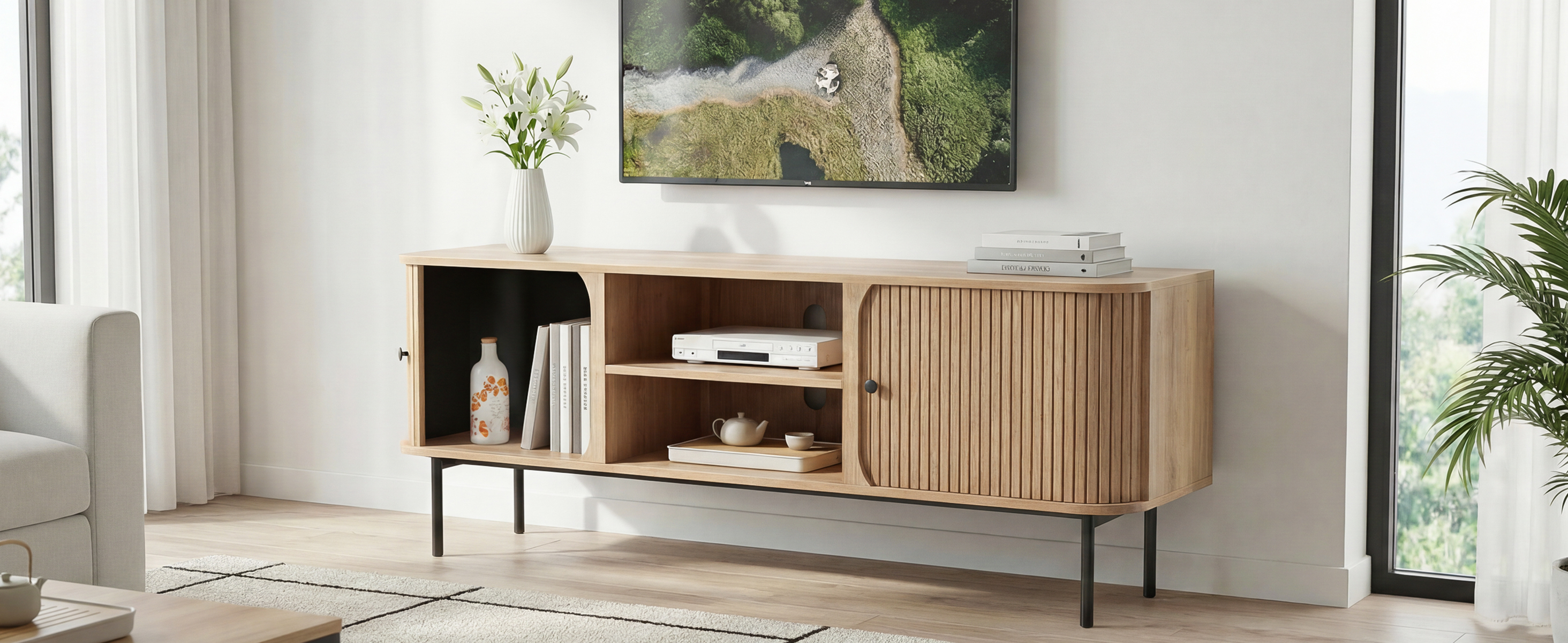 Anmytek 59 Inch TV Stand with Fluted Doors, Mid-Century Modern Media Console for TVs up to 65 Inch, Natural Oak Finish Entertainment Center with Open & Closed Storage, Cable Management & Metal Legs for Living Room