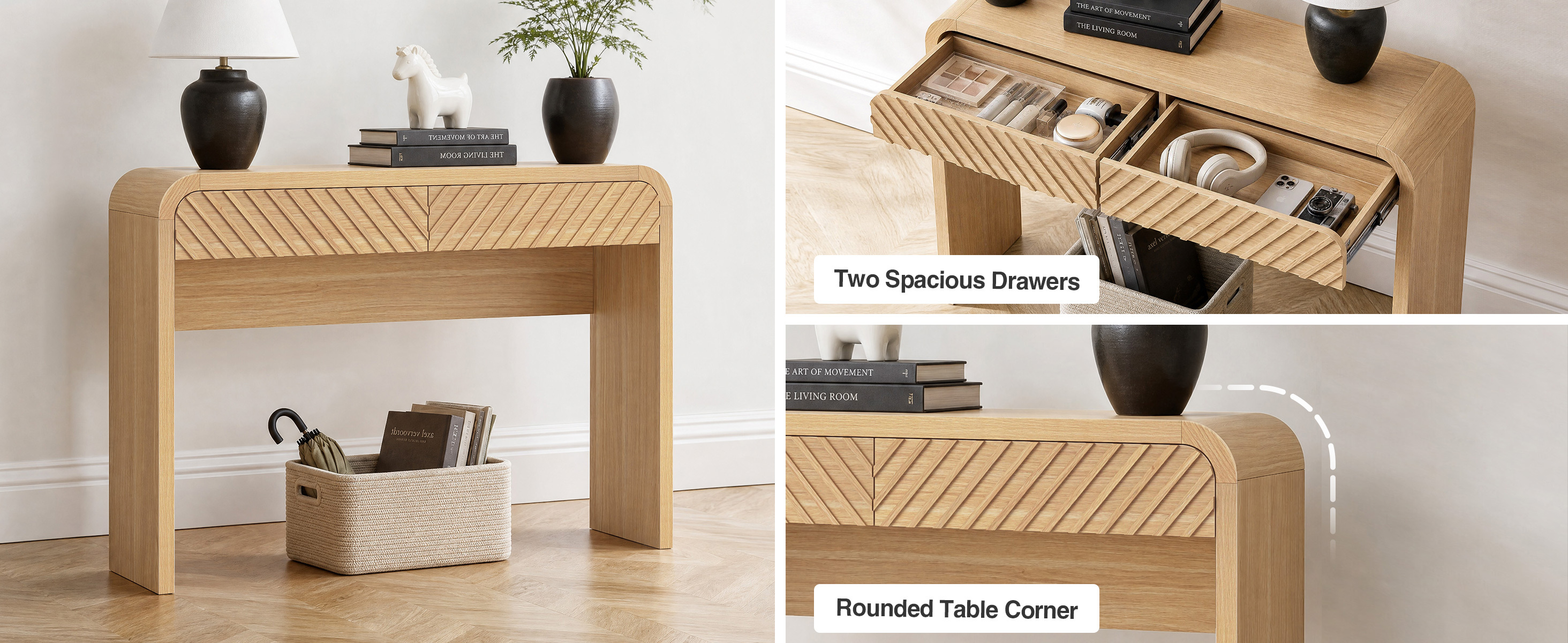 Anmytek 43 Inch Console Table with 2 Drawers, Modern Chevron Curved Entryway Table, Slim Sofa Side Table with Rounded Edges, Narrow Wooden Hallway Table Vanity Desk for Living Room, Natural Oak