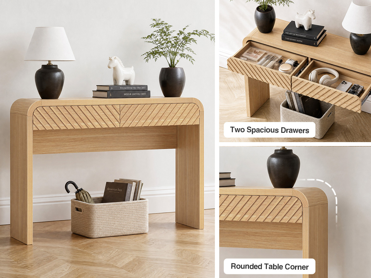 Anmytek 43 Inch Console Table with 2 Drawers, Modern Chevron Curved Entryway Table, Slim Sofa Side Table with Rounded Edges, Narrow Wooden Hallway Table Vanity Desk for Living Room, Natural Oak