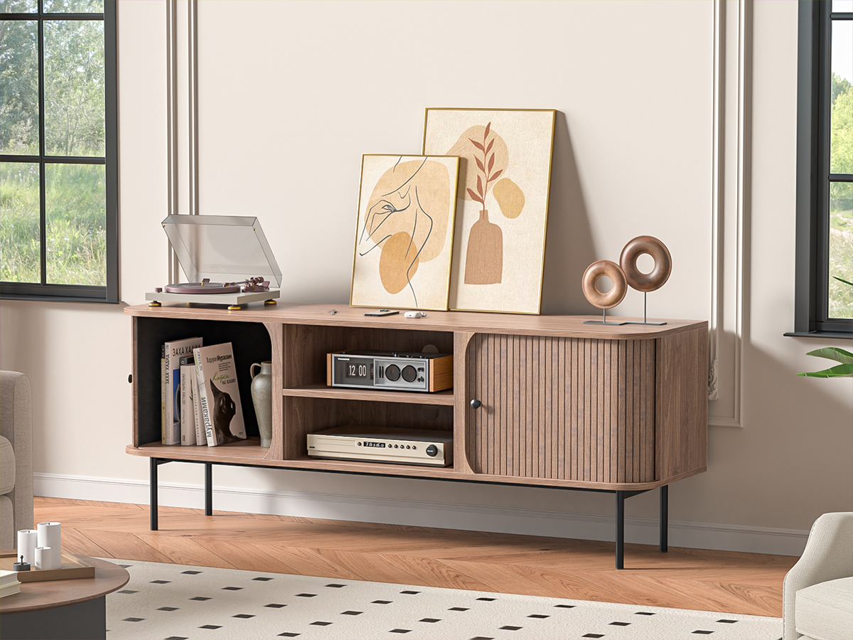 Anmytek 59 Inch TV Stand with Fluted Doors, Mid-Century Modern Media Console for TVs up to 65 Inch, Walnut Finish Entertainment Center with Open & Closed Storage, Cable Management & Metal Legs for Living Room