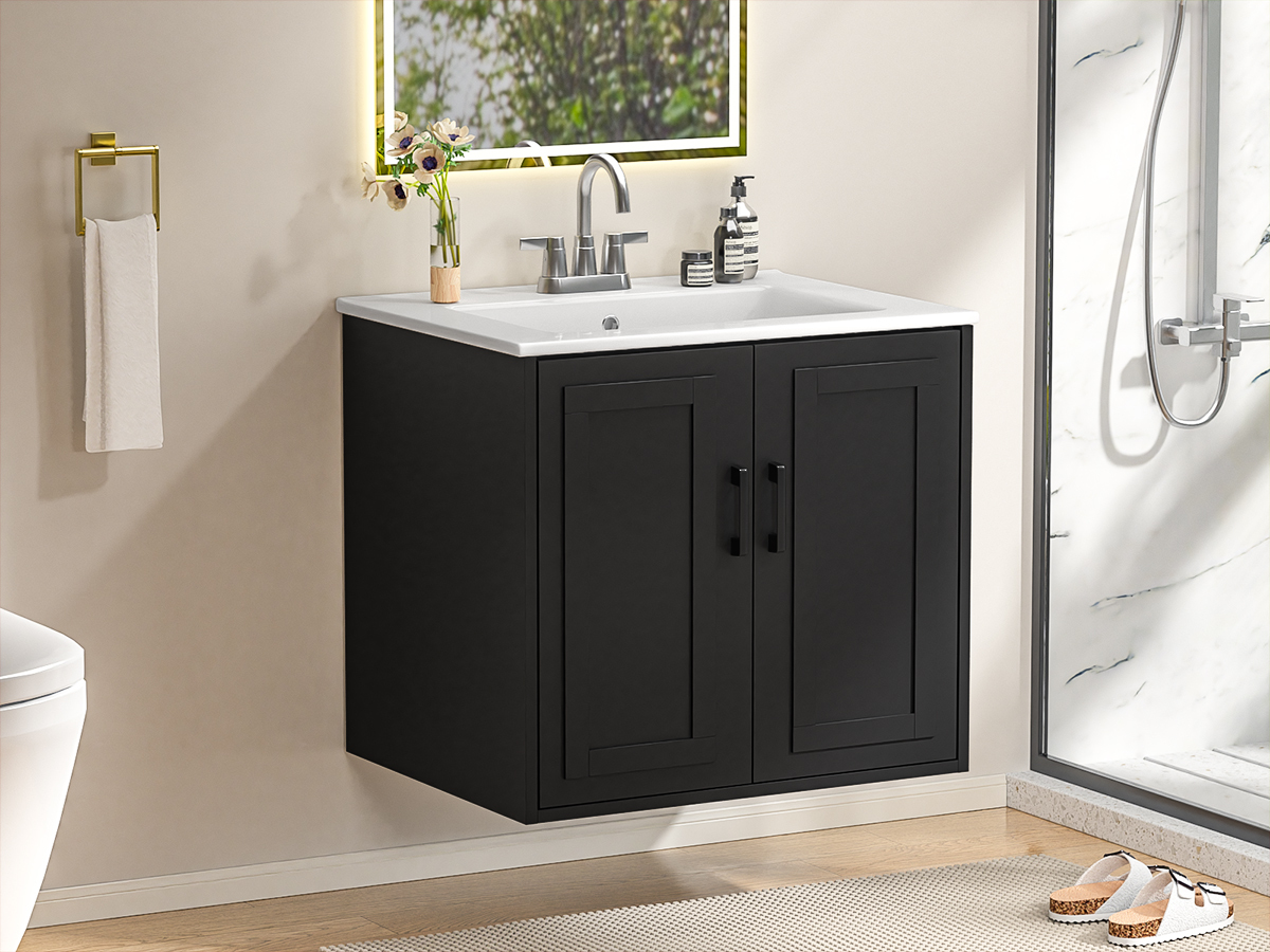 Anmytek 24 Inch Wall Mounted Bathroom Vanity with Ceramic Sink Combo, Modern Floating Bathroom Storage Cabinet with 2 Doors & Soft Close Hinges, Space Saving Small Bath Vanity Set, Black