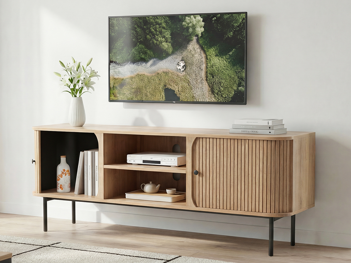 Anmytek 59 Inch TV Stand with Fluted Doors, Mid-Century Modern Media Console for TVs up to 65 Inch, Natural Oak Finish Entertainment Center with Open & Closed Storage, Cable Management & Metal Legs for Living Room