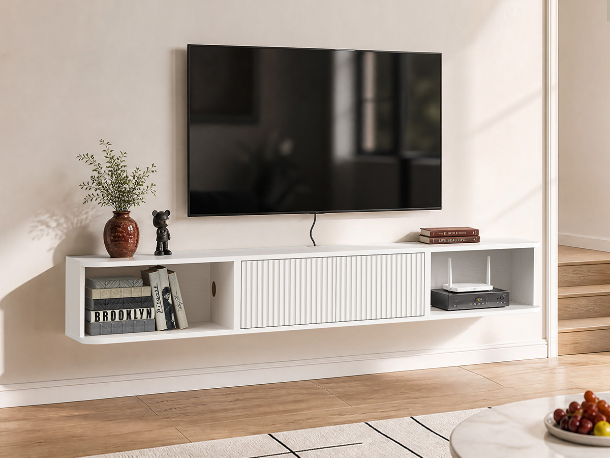 Anmytek 70 Inch White Floating TV Stand, Wall Mounted Entertainment Center with Fluted Doors & Open Storage, Floating TV Console Media Cabinet with Cable Management for Living Room Bedroom, White