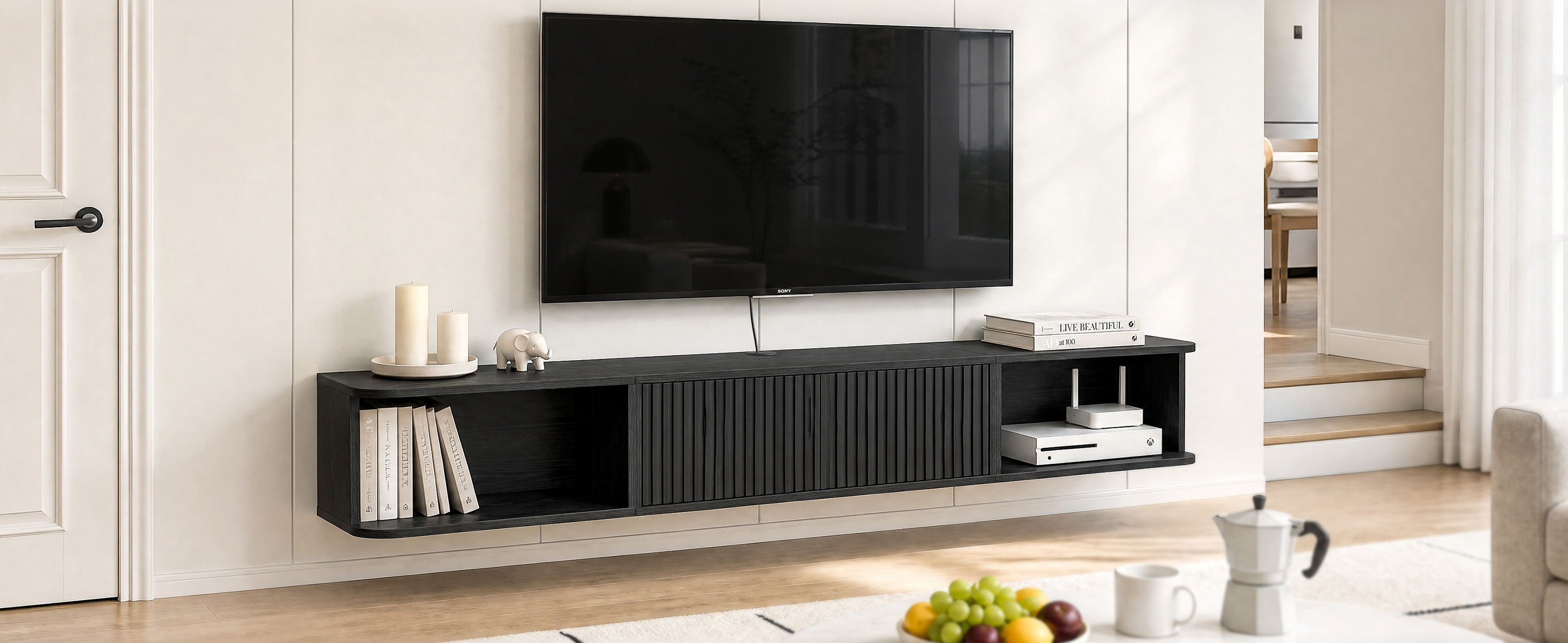 Anmytek 70 Inch Floating TV Stand, Wall Mounted Entertainment Center with Fluted Doors & Open Storage, Floating TV Console Media Cabinet with Cable Hole for Living Room Bedroom, Black