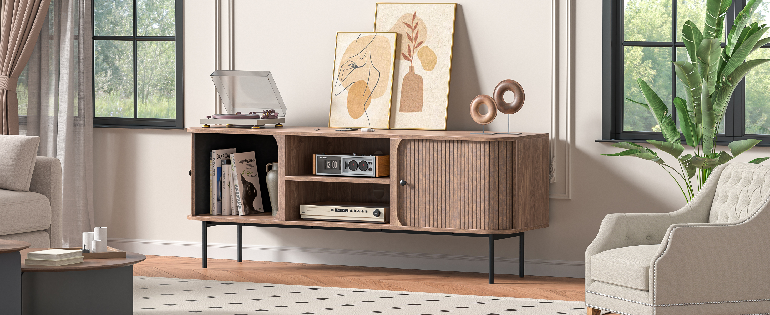 Anmytek 59 Inch TV Stand with Fluted Doors, Mid-Century Modern Media Console for TVs up to 65 Inch, Walnut Finish Entertainment Center with Open & Closed Storage, Cable Management & Metal Legs for Living Room