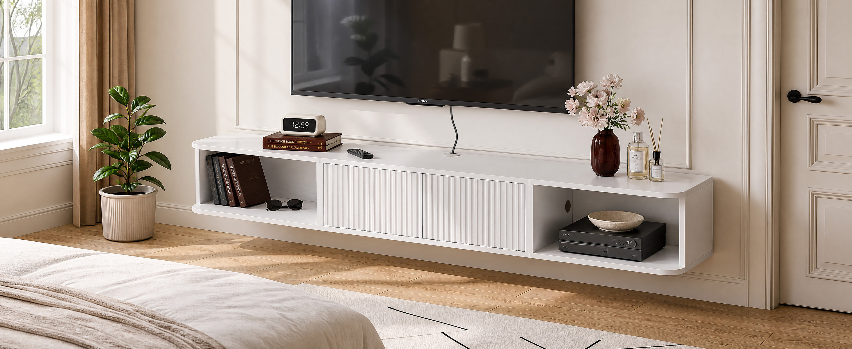 Anmytek 70 Inch White Floating TV Stand, Wall Mounted Entertainment Center with Fluted Doors & Open Storage, Floating TV Console Media Cabinet with Cable Management for Living Room Bedroom, White