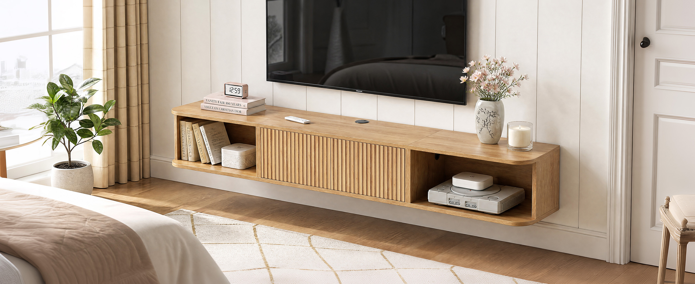 Anmytek 70 Inch Floating TV Stand, Wall Mounted Entertainment Center with Fluted Doors & Open Storage, Modern Floating TV Console Media Cabinet with Cable Management for Living Room Bedroom, Natural Oak