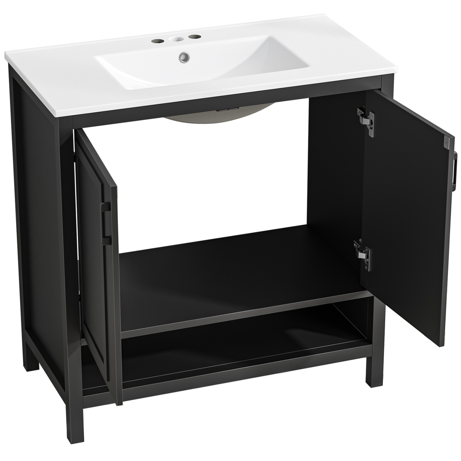 Anmytek 36 Inch Freestanding Bathroom Vanity with Ceramic Sink Combo, Modern Bathroom Storage Cabinet with 2 Doors & Open Bottom Shelf, Soft Close Hinges Bath Vanity Set, Black