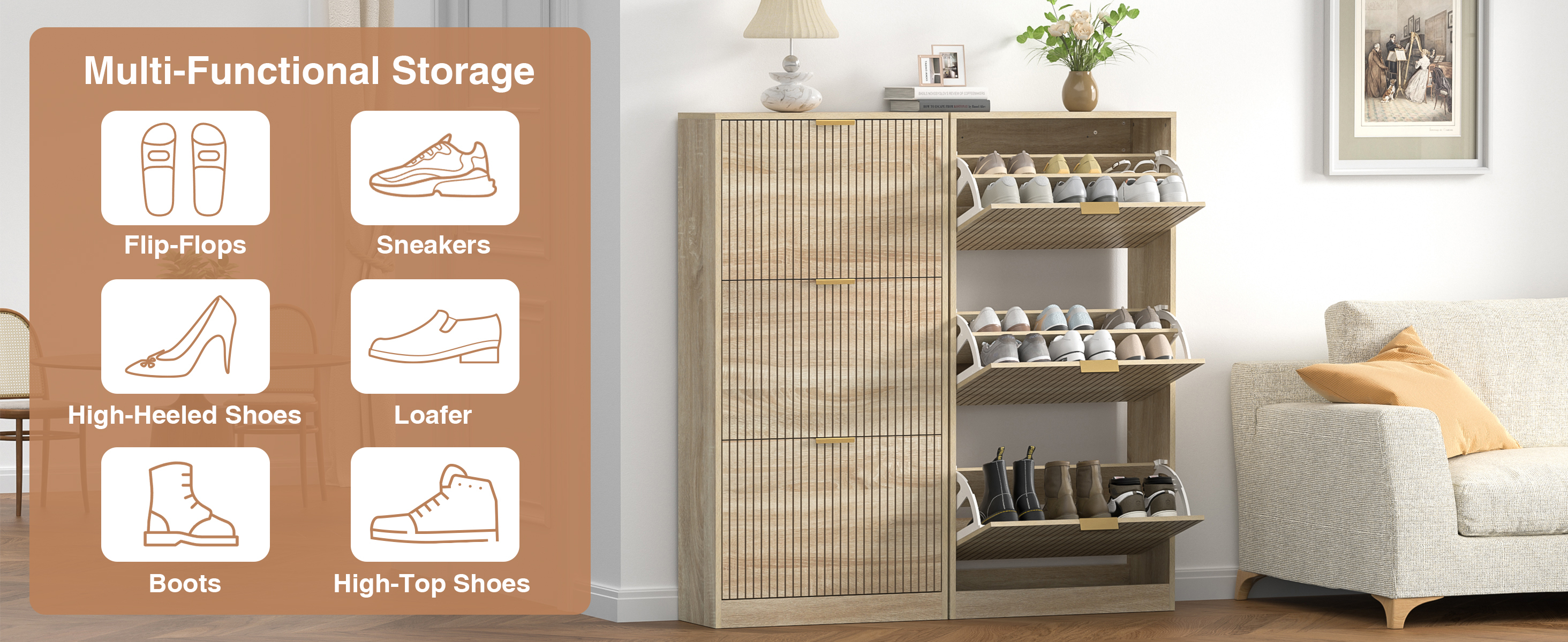 Anmytek Modern Fluted Shoe Storage Cabinet, 48 Inch Tall Slim Flip Drawer Shoe Cabinet, 9.3" Deep Narrow Shoe Organizer with 3 Fold-Out Drawers & Gold Handles for Entryway Hallway, Natural Oak
