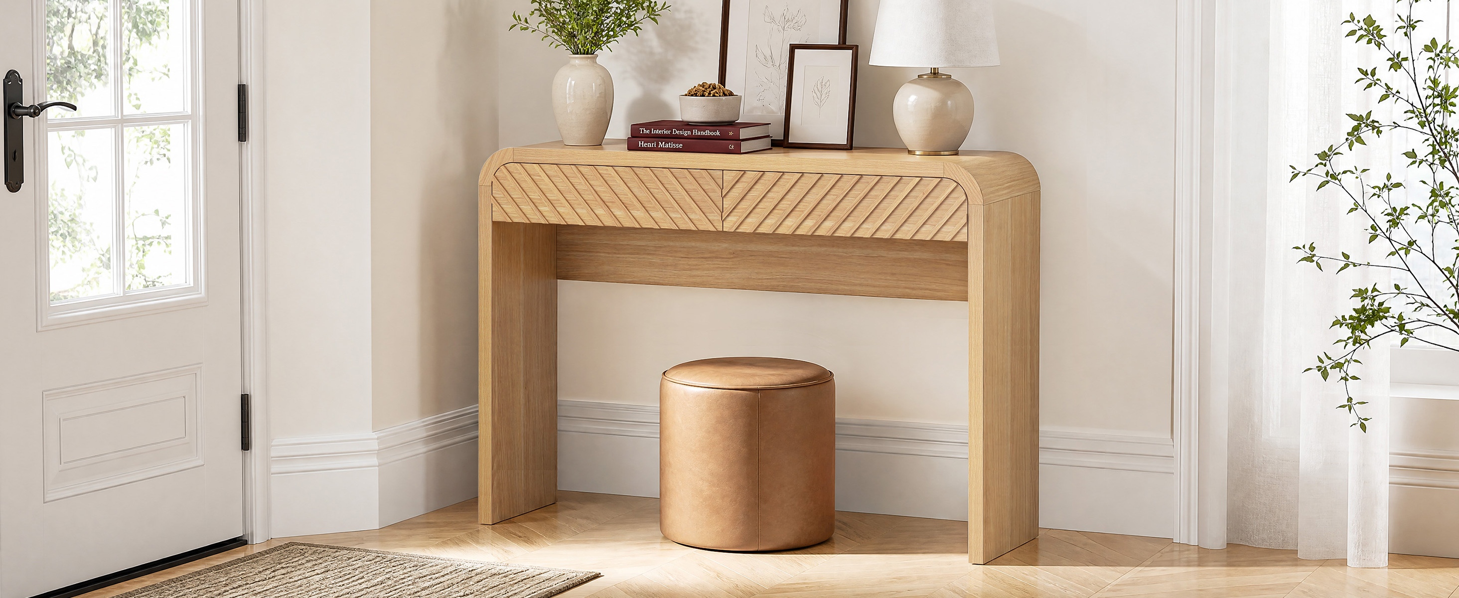 Anmytek 43 Inch Console Table with 2 Drawers, Modern Chevron Curved Entryway Table, Slim Sofa Side Table with Rounded Edges, Narrow Wooden Hallway Table Vanity Desk for Living Room, Natural Oak