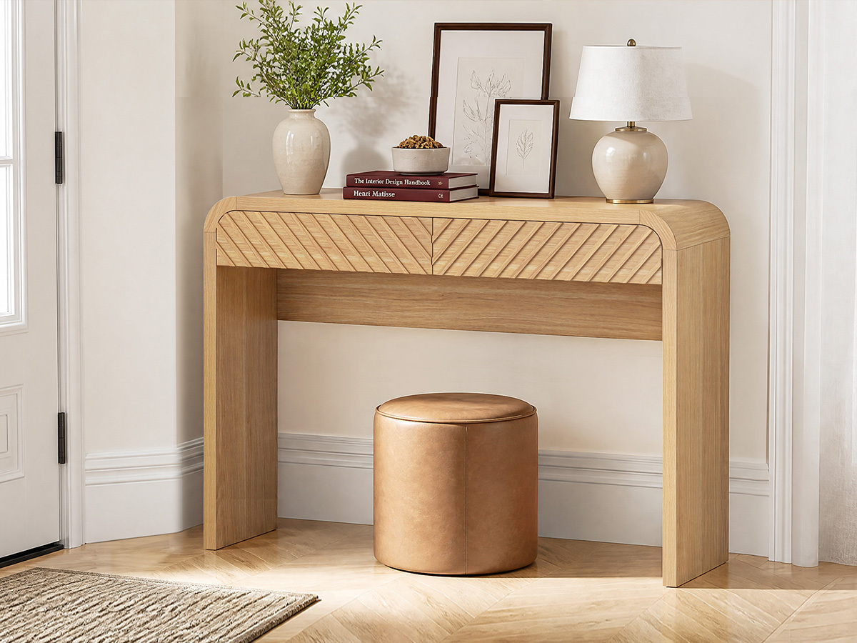 Anmytek 43 Inch Console Table with 2 Drawers, Modern Chevron Curved Entryway Table, Slim Sofa Side Table with Rounded Edges, Narrow Wooden Hallway Table Vanity Desk for Living Room, Natural Oak