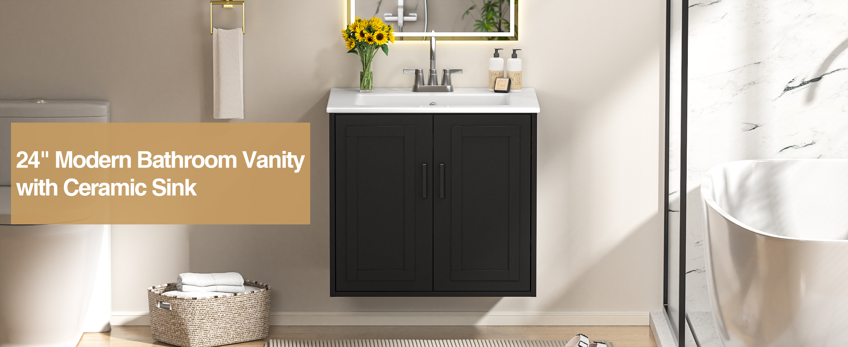 Anmytek 24 Inch Wall Mounted Bathroom Vanity with Ceramic Sink Combo, Modern Floating Bathroom Storage Cabinet with 2 Doors & Soft Close Hinges, Space Saving Small Bath Vanity Set, Black