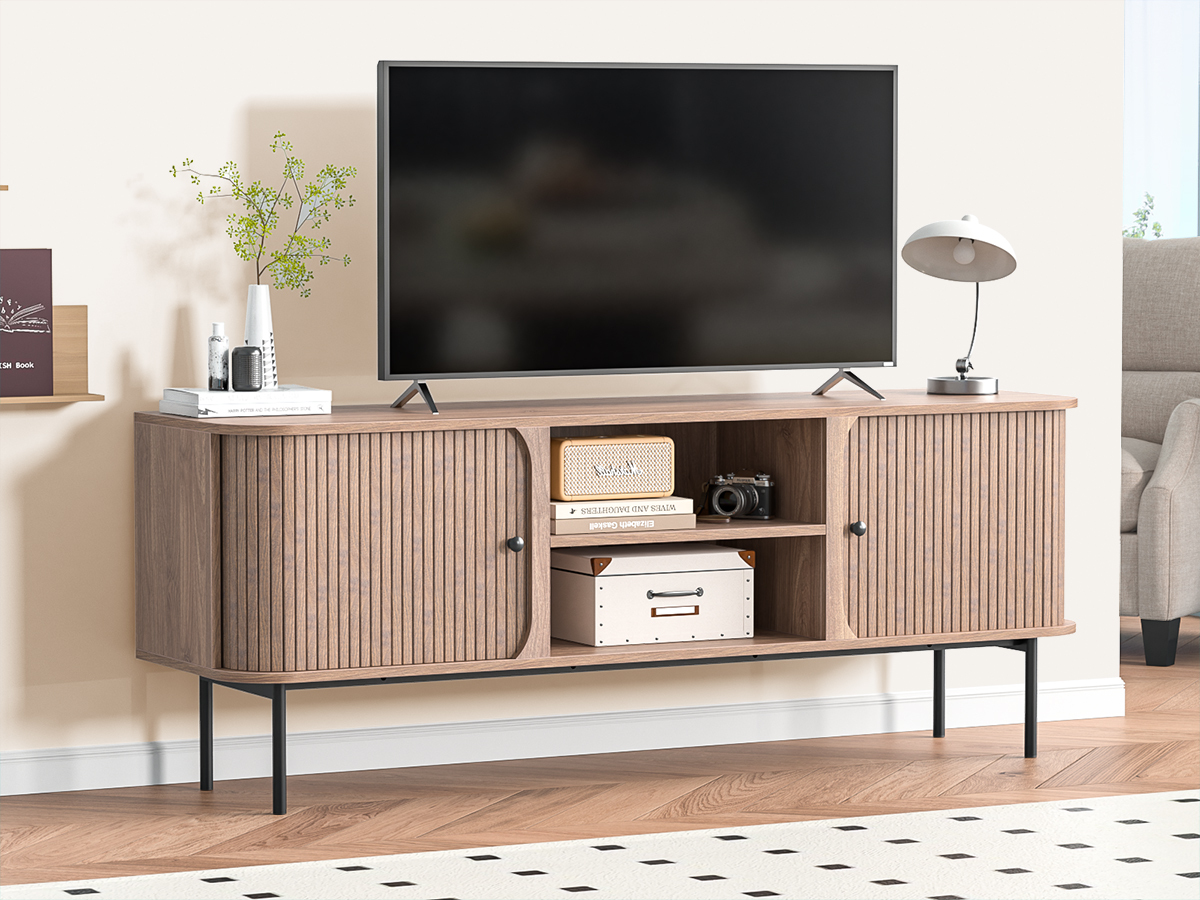 Anmytek 59 Inch TV Stand with Fluted Doors, Mid-Century Modern Media Console for TVs up to 65 Inch, Walnut Finish Entertainment Center with Open & Closed Storage, Cable Management & Metal Legs for Living Room