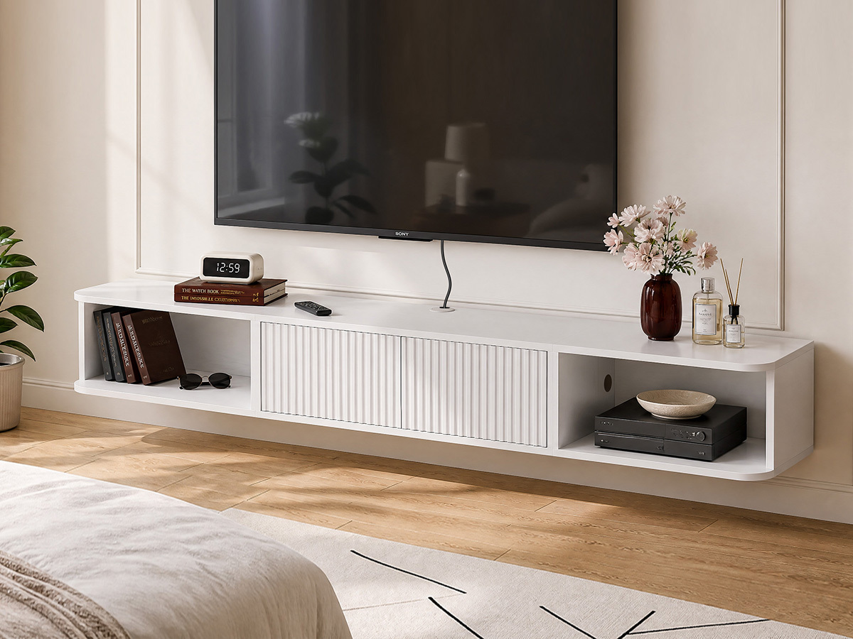 Anmytek 70 Inch White Floating TV Stand, Wall Mounted Entertainment Center with Fluted Doors & Open Storage, Floating TV Console Media Cabinet with Cable Management for Living Room Bedroom, White