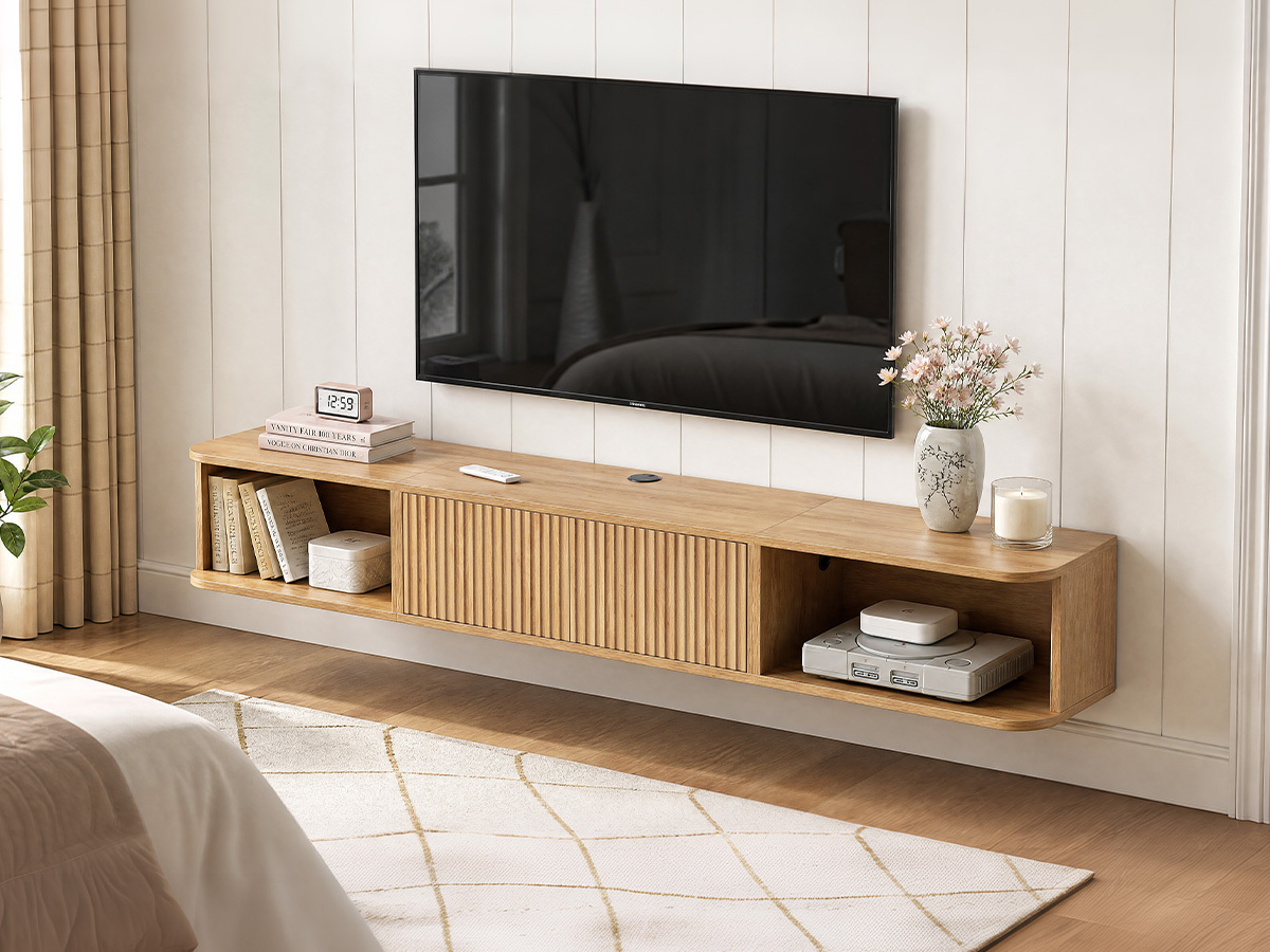 Anmytek 70 Inch Floating TV Stand, Wall Mounted Entertainment Center with Fluted Doors & Open Storage, Modern Floating TV Console Media Cabinet with Cable Management for Living Room Bedroom, Natural Oak
