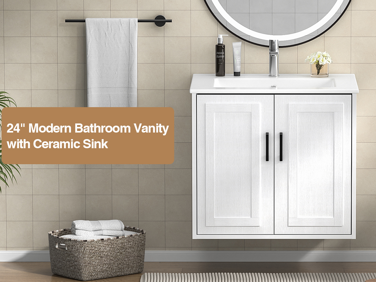 Anmytek 24 Inch Wall Mounted Bathroom Vanity with Ceramic Sink Combo, Modern Floating Bathroom Storage Cabinet with 2 Doors & Soft Close Hinges, Space Saving Small Bath Vanity Set, White
