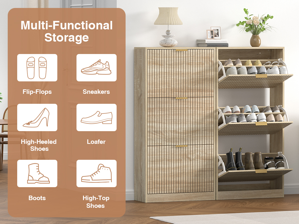Anmytek Modern Fluted Shoe Storage Cabinet, 48 Inch Tall Slim Flip Drawer Shoe Cabinet, 9.3" Deep Narrow Shoe Organizer with 3 Fold-Out Drawers & Gold Handles for Entryway Hallway, Natural Oak