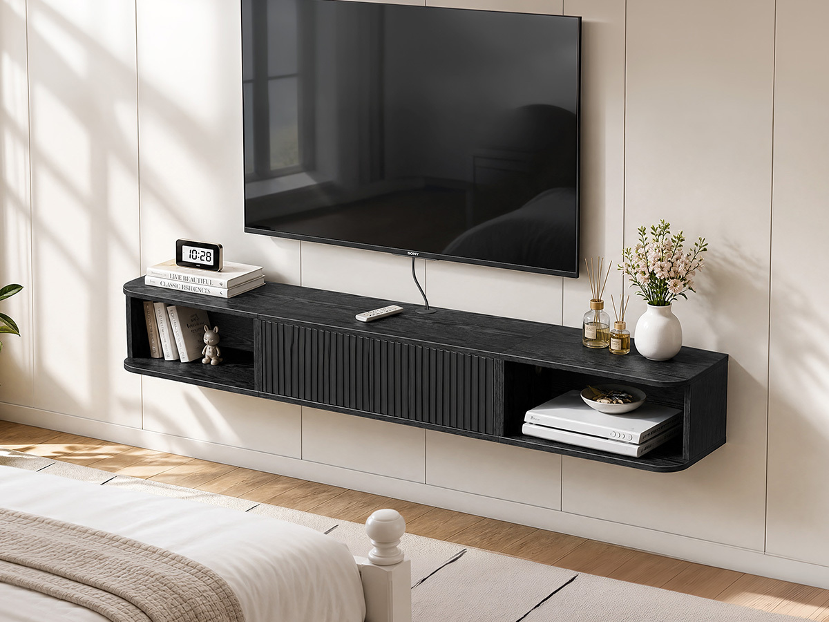 Anmytek 70 Inch Floating TV Stand, Wall Mounted Entertainment Center with Fluted Doors & Open Storage, Floating TV Console Media Cabinet with Cable Hole for Living Room Bedroom, Black