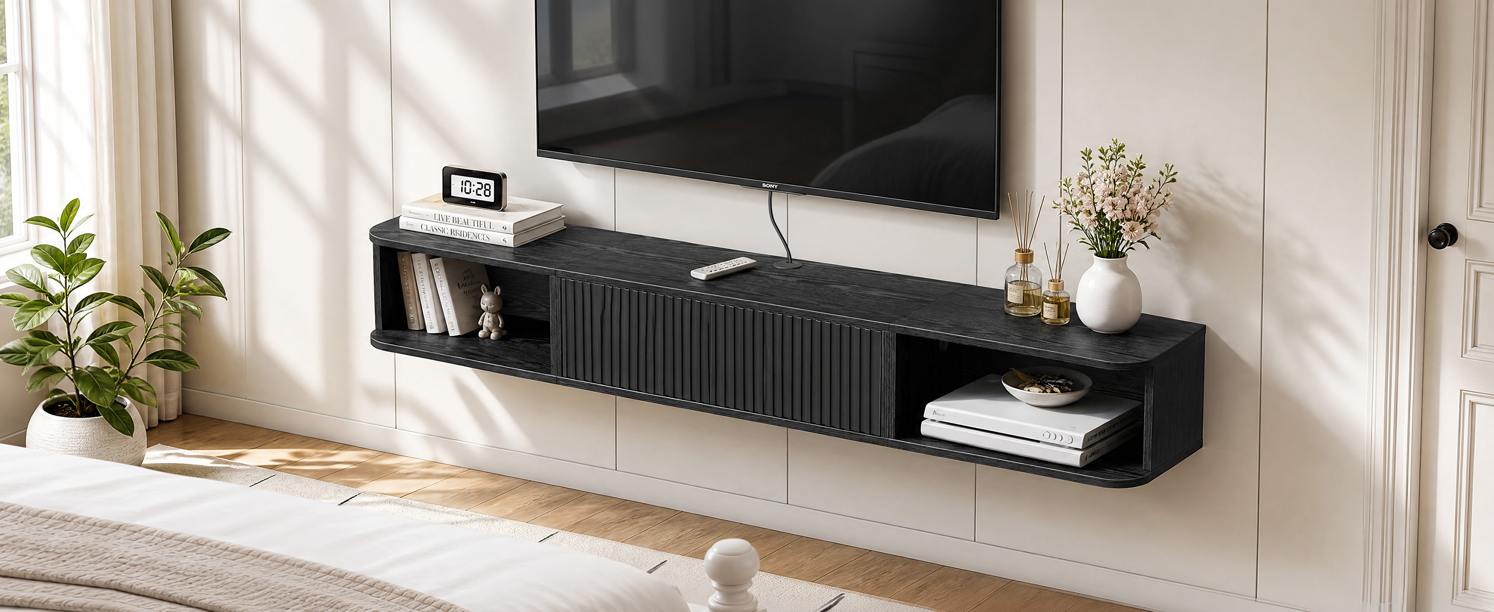 Anmytek 70 Inch Floating TV Stand, Wall Mounted Entertainment Center with Fluted Doors & Open Storage, Floating TV Console Media Cabinet with Cable Hole for Living Room Bedroom, Black