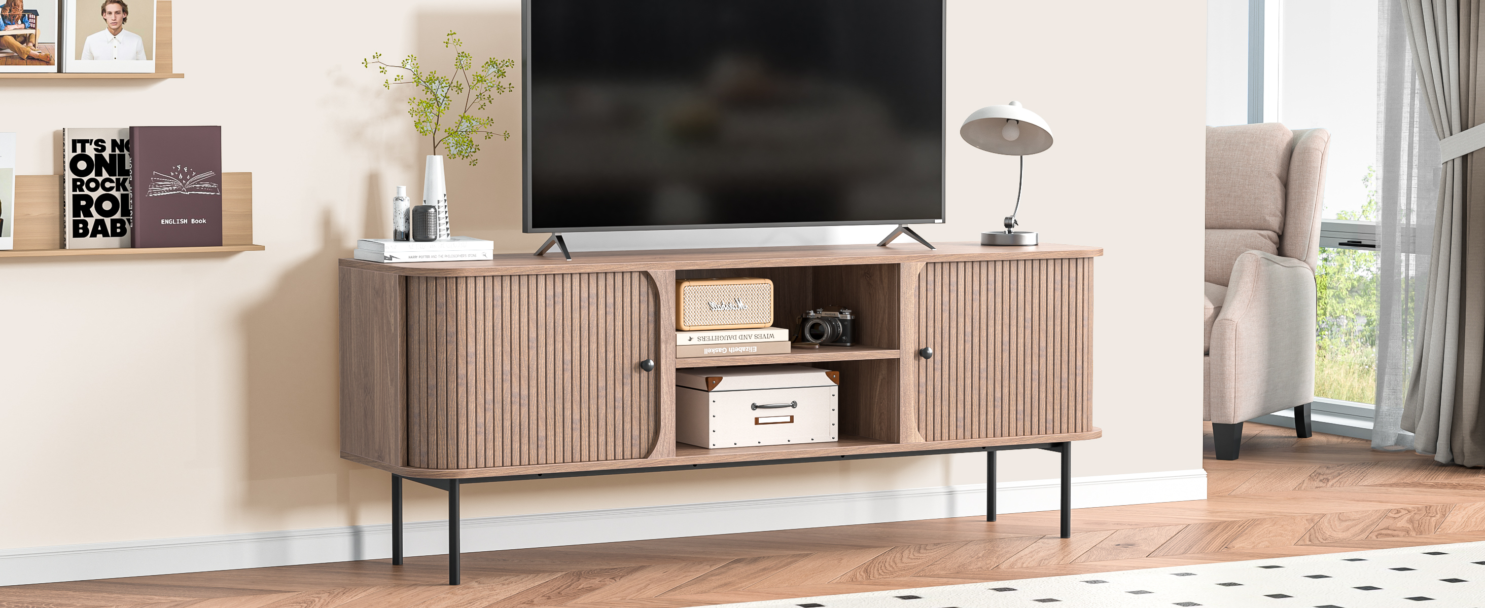 Anmytek 59 Inch TV Stand with Fluted Doors, Mid-Century Modern Media Console for TVs up to 65 Inch, Walnut Finish Entertainment Center with Open & Closed Storage, Cable Management & Metal Legs for Living Room