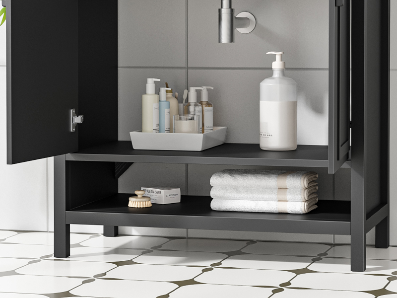 Anmytek 36 Inch Freestanding Bathroom Vanity with Ceramic Sink Combo, Modern Bathroom Storage Cabinet with 2 Doors & Open Bottom Shelf, Soft Close Hinges Bath Vanity Set, Black