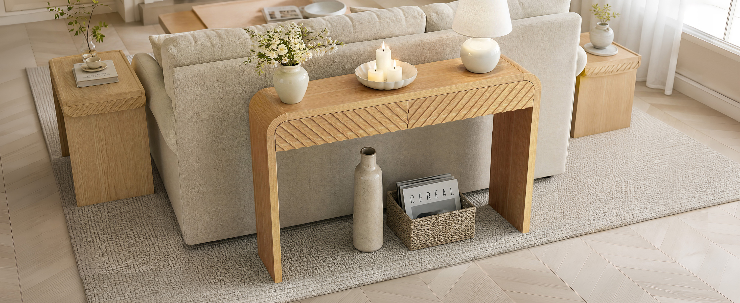 Anmytek 43 Inch Console Table with 2 Drawers, Modern Chevron Curved Entryway Table, Slim Sofa Side Table with Rounded Edges, Narrow Wooden Hallway Table Vanity Desk for Living Room, Natural Oak
