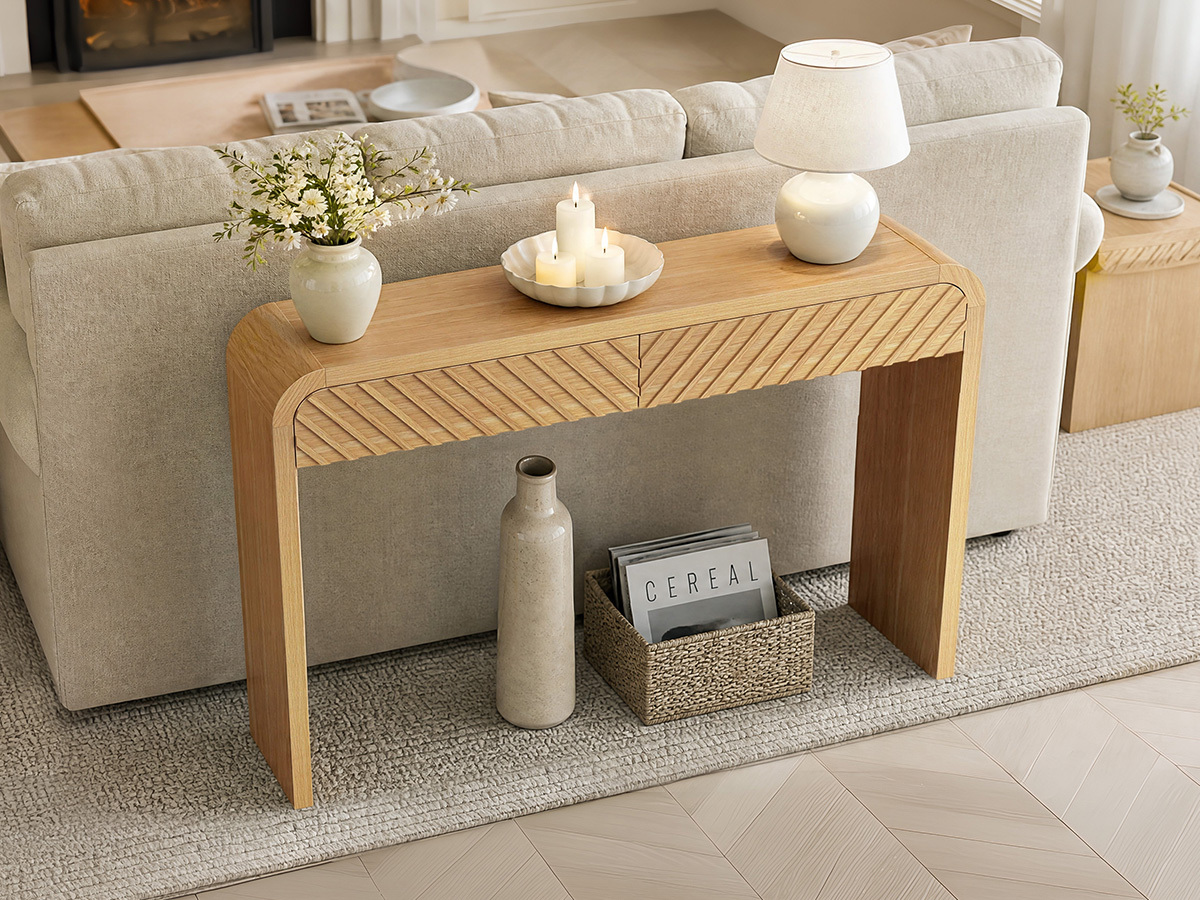 Anmytek 43 Inch Console Table with 2 Drawers, Modern Chevron Curved Entryway Table, Slim Sofa Side Table with Rounded Edges, Narrow Wooden Hallway Table Vanity Desk for Living Room, Natural Oak
