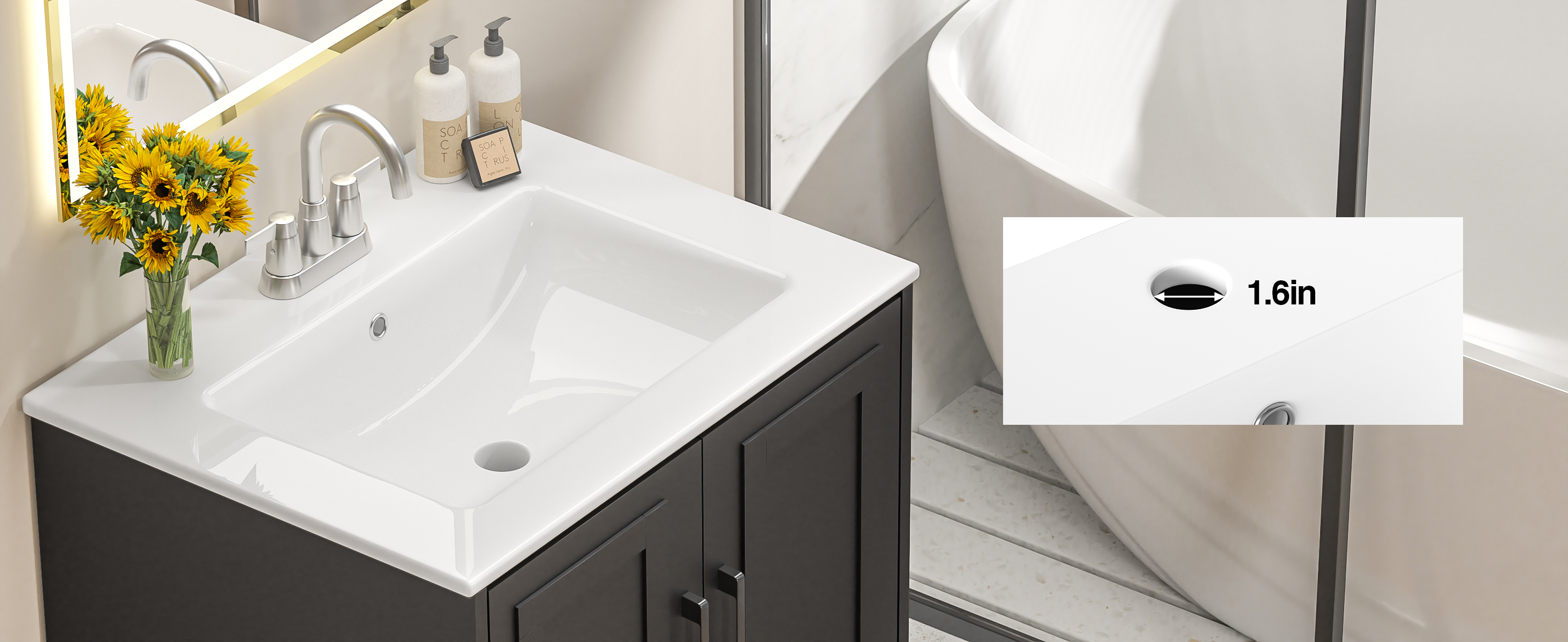 Anmytek 24 Inch Wall Mounted Bathroom Vanity with Ceramic Sink Combo, Modern Floating Bathroom Storage Cabinet with 2 Doors & Soft Close Hinges, Space Saving Small Bath Vanity Set, Black