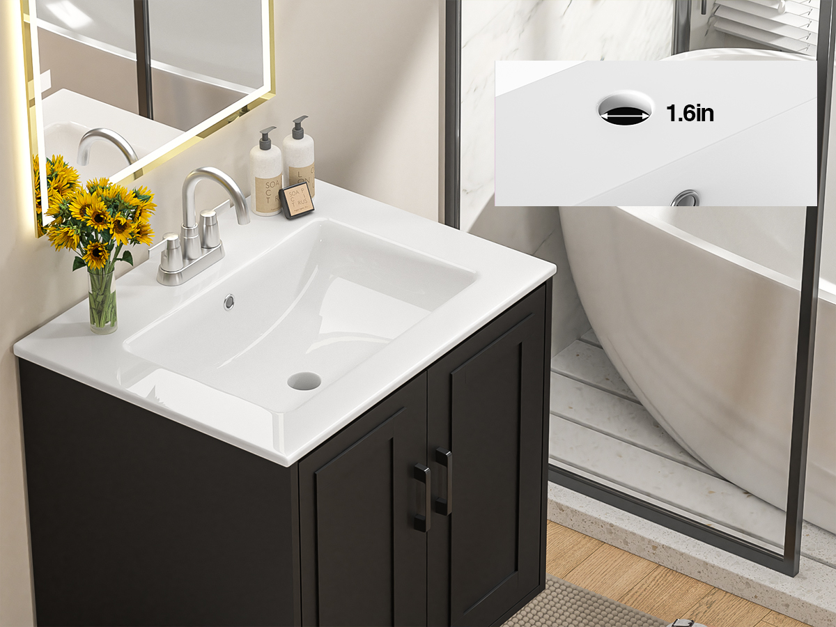 Anmytek 24 Inch Wall Mounted Bathroom Vanity with Ceramic Sink Combo, Modern Floating Bathroom Storage Cabinet with 2 Doors & Soft Close Hinges, Space Saving Small Bath Vanity Set, Black