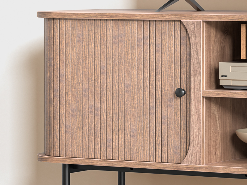 Anmytek 59 Inch TV Stand with Fluted Doors, Mid-Century Modern Media Console for TVs up to 65 Inch, Walnut Finish Entertainment Center with Open & Closed Storage, Cable Management & Metal Legs for Living Room
