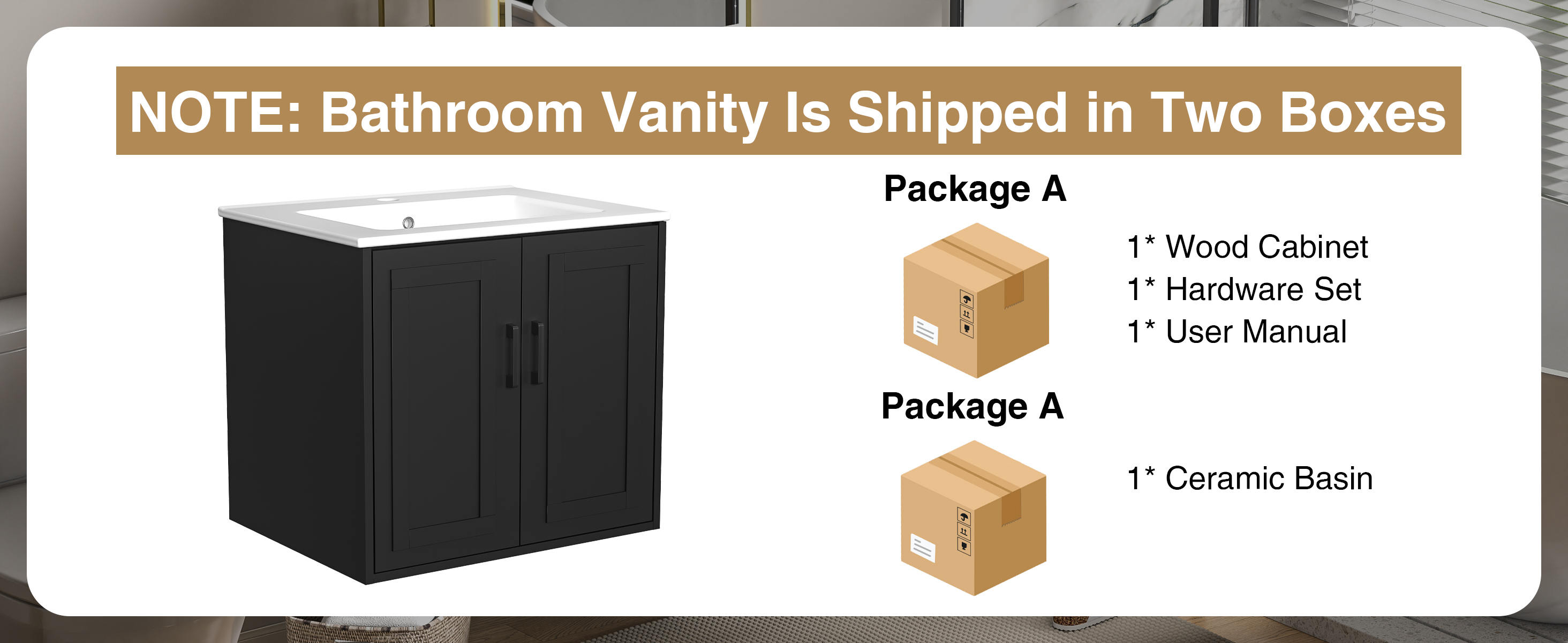 Anmytek 24 Inch Wall Mounted Bathroom Vanity with Ceramic Sink Combo, Modern Floating Bathroom Storage Cabinet with 2 Doors & Soft Close Hinges, Space Saving Small Bath Vanity Set, Black