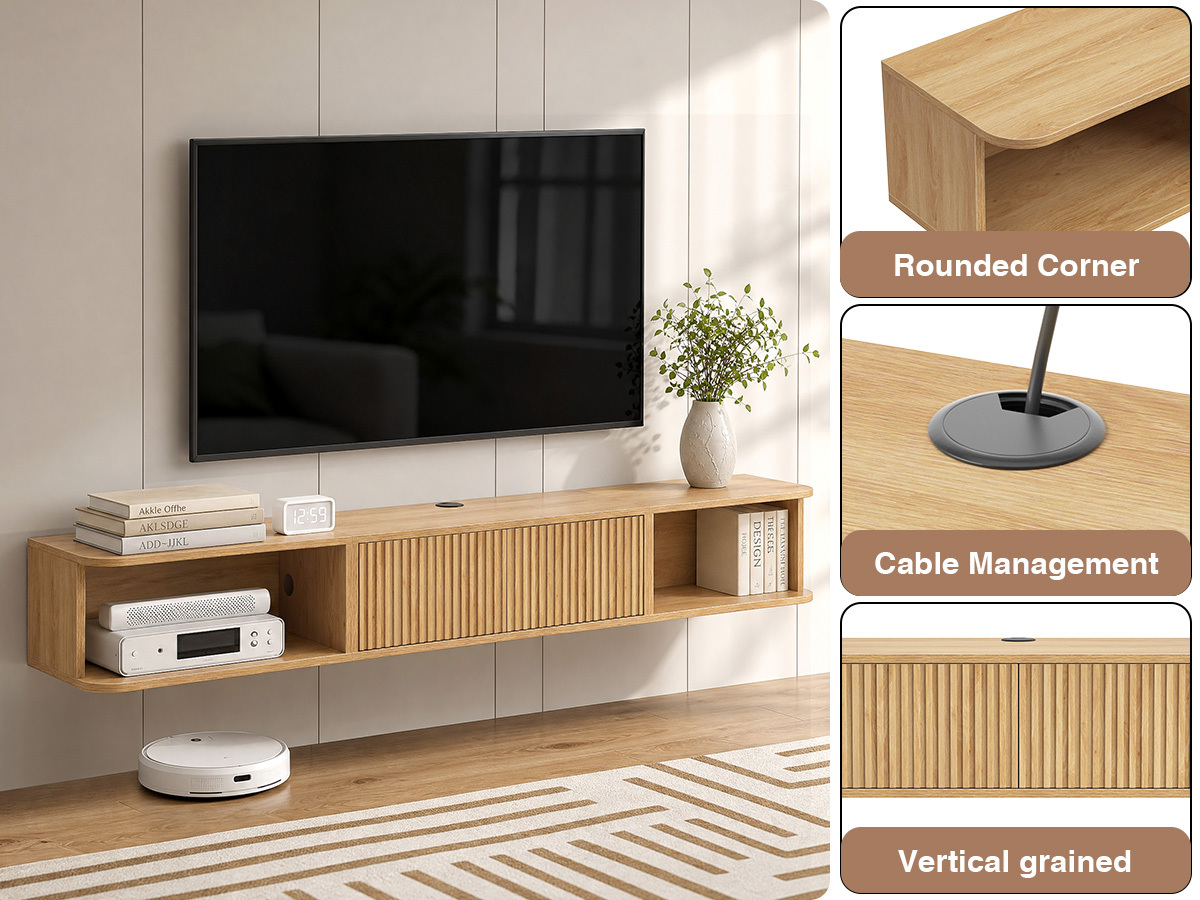 Anmytek 70 Inch Floating TV Stand, Wall Mounted Entertainment Center with Fluted Doors & Open Storage, Modern Floating TV Console Media Cabinet with Cable Management for Living Room Bedroom, Natural Oak