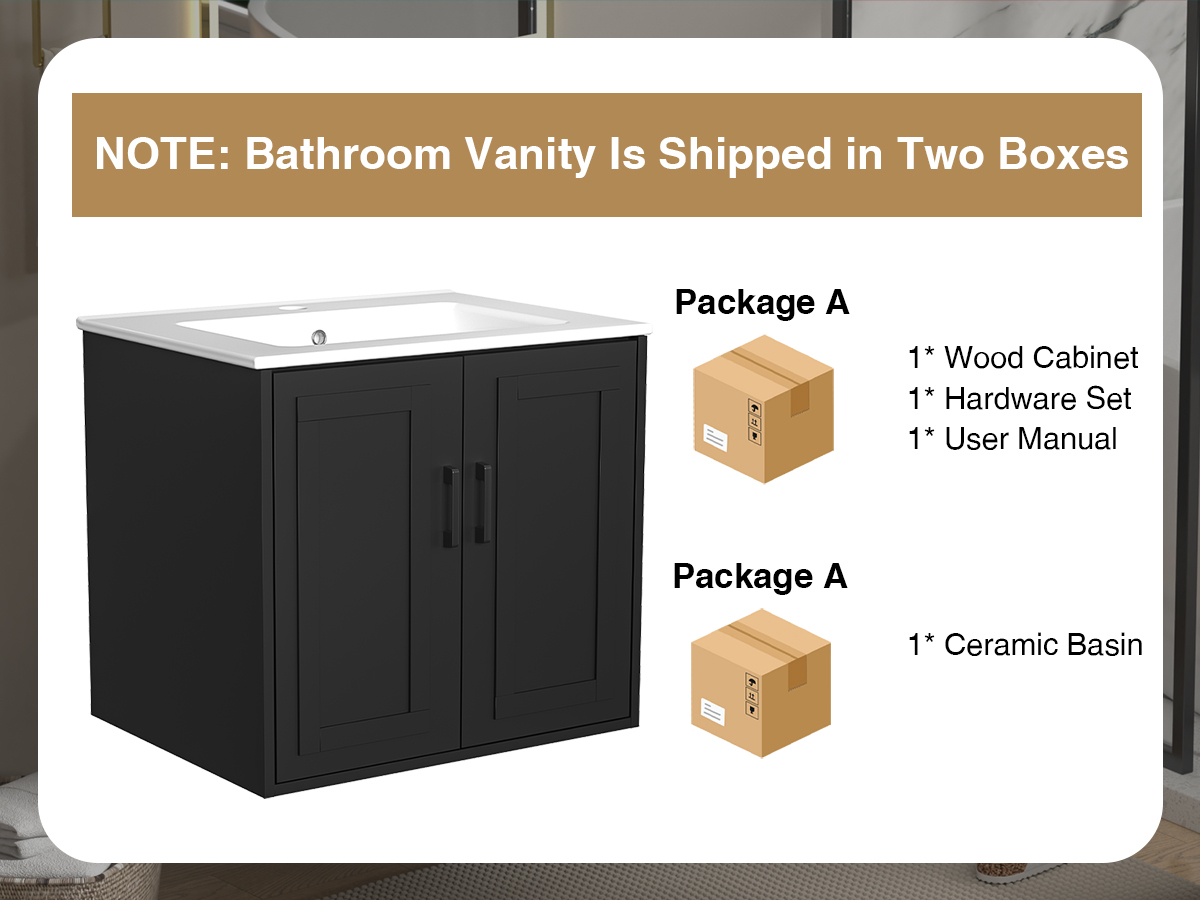 Anmytek 24 Inch Wall Mounted Bathroom Vanity with Ceramic Sink Combo, Modern Floating Bathroom Storage Cabinet with 2 Doors & Soft Close Hinges, Space Saving Small Bath Vanity Set, Black