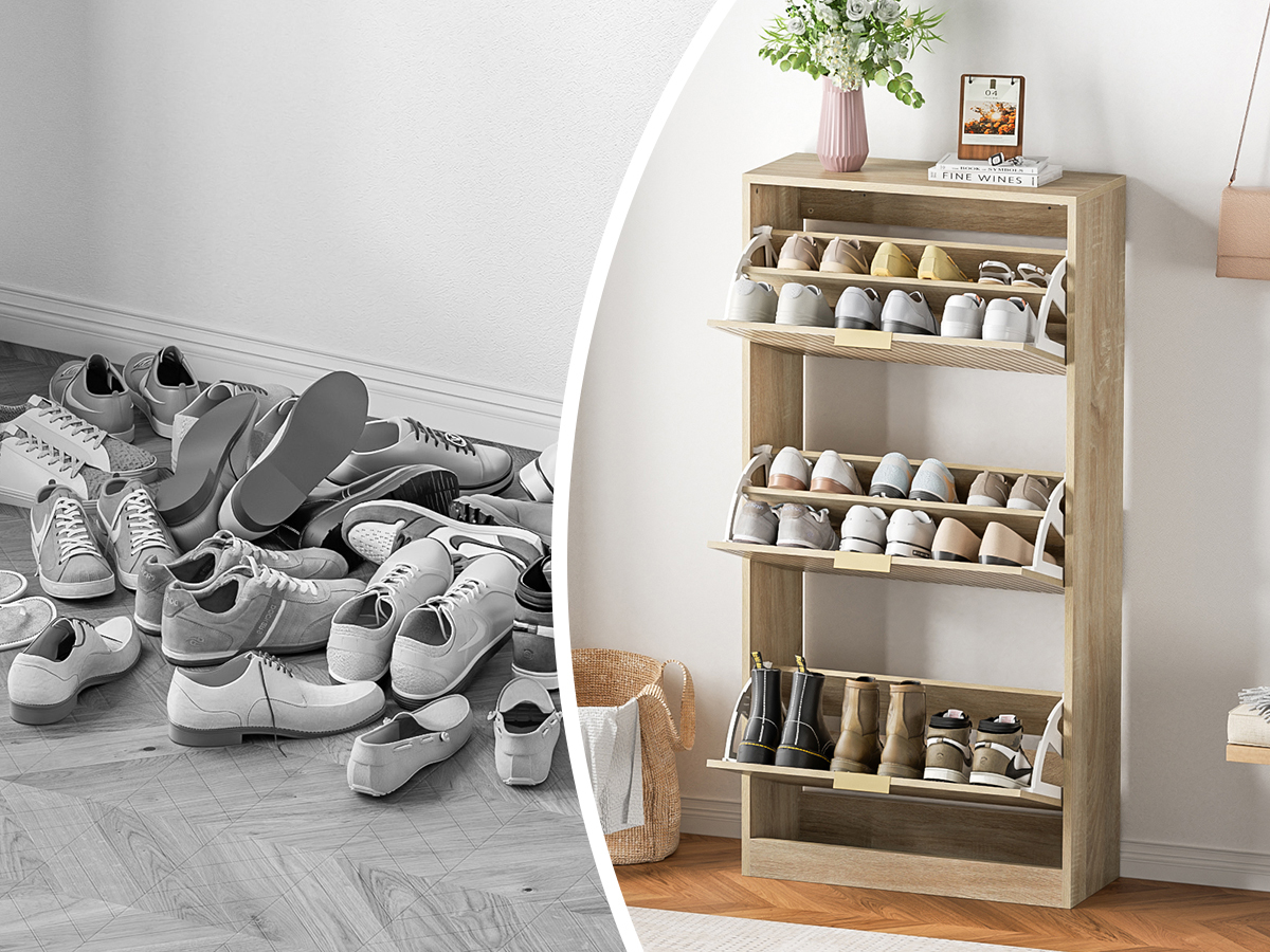 Anmytek Modern Fluted Shoe Storage Cabinet, 48 Inch Tall Slim Flip Drawer Shoe Cabinet, 9.3" Deep Narrow Shoe Organizer with 3 Fold-Out Drawers & Gold Handles for Entryway Hallway, Natural Oak