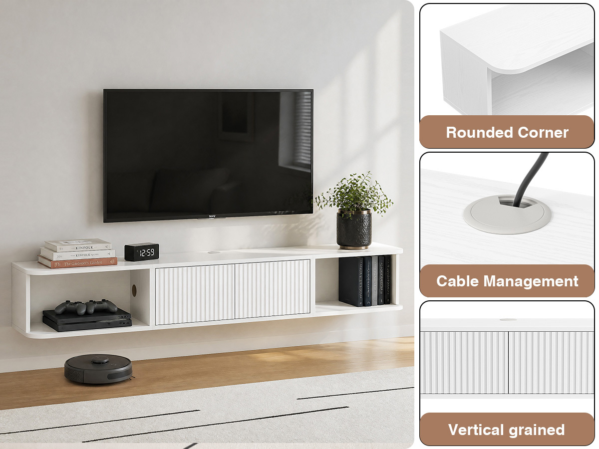 Anmytek 70 Inch White Floating TV Stand, Wall Mounted Entertainment Center with Fluted Doors & Open Storage, Floating TV Console Media Cabinet with Cable Management for Living Room Bedroom, White